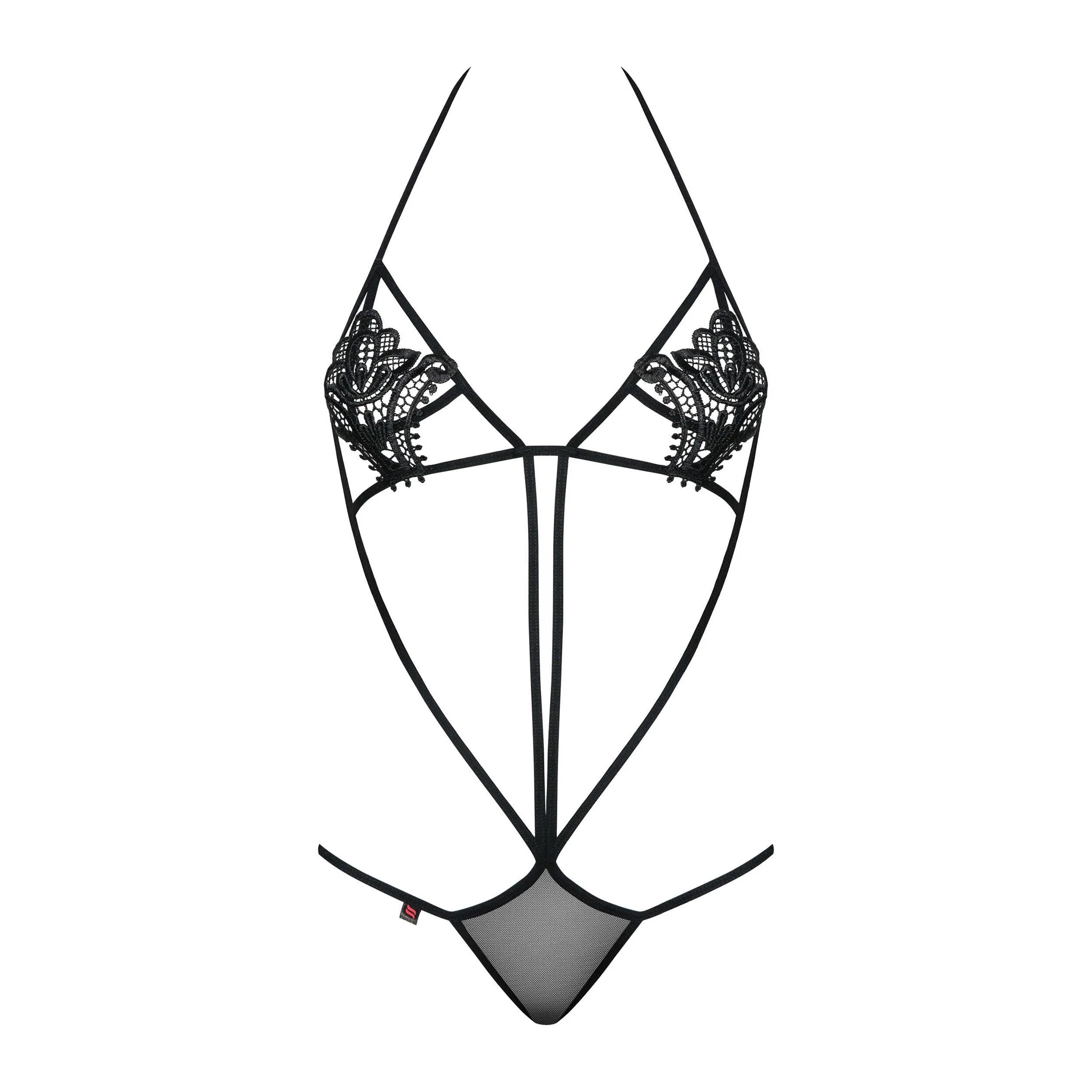 Body noir Obsessive broderie florale, lanières fines, design sculptant, séduction élégante, taille S M, lingerie glamour.