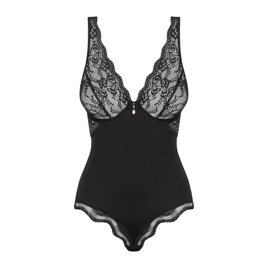 Body noir dentelle chic, bretelles réglables, bijou perle beige, bonnets armatures, élégant et confortable.