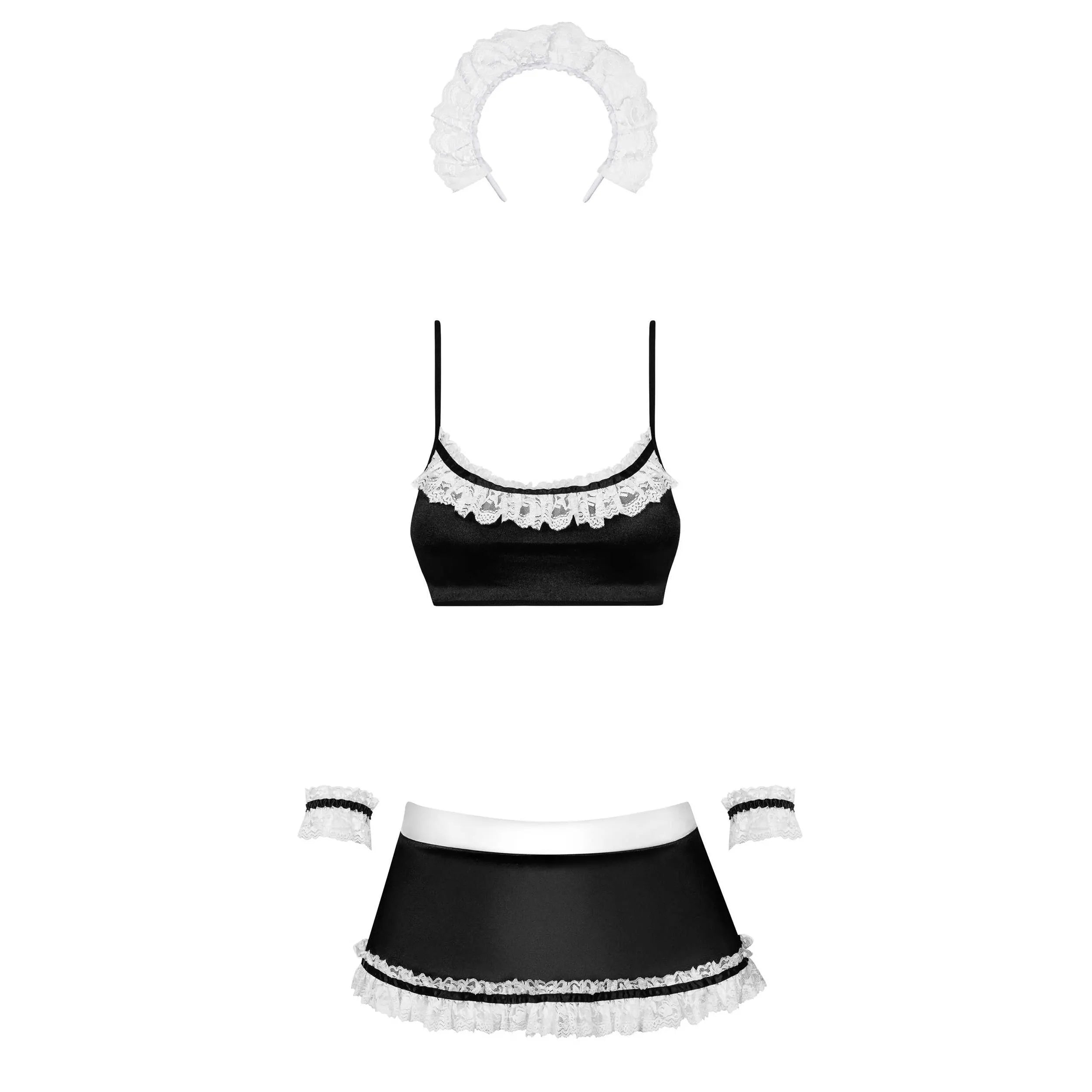 Costume soubrette noir dentelle brillant, jupe tablier, lacé dos, bandeau et bracelets, allure élégante et séduisante.