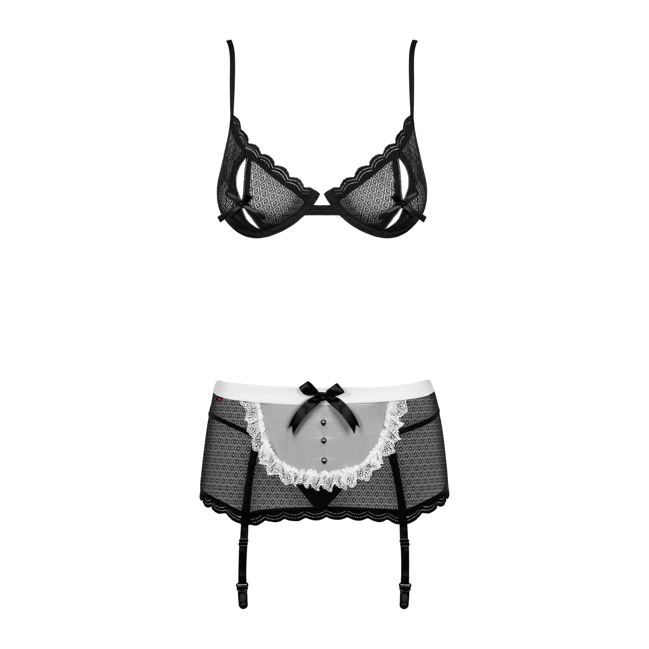 Ensemble lingerie servante noir et blanc avec soutien-gorge armatures, porte-jarretelles, mini-tabier et coiffe.