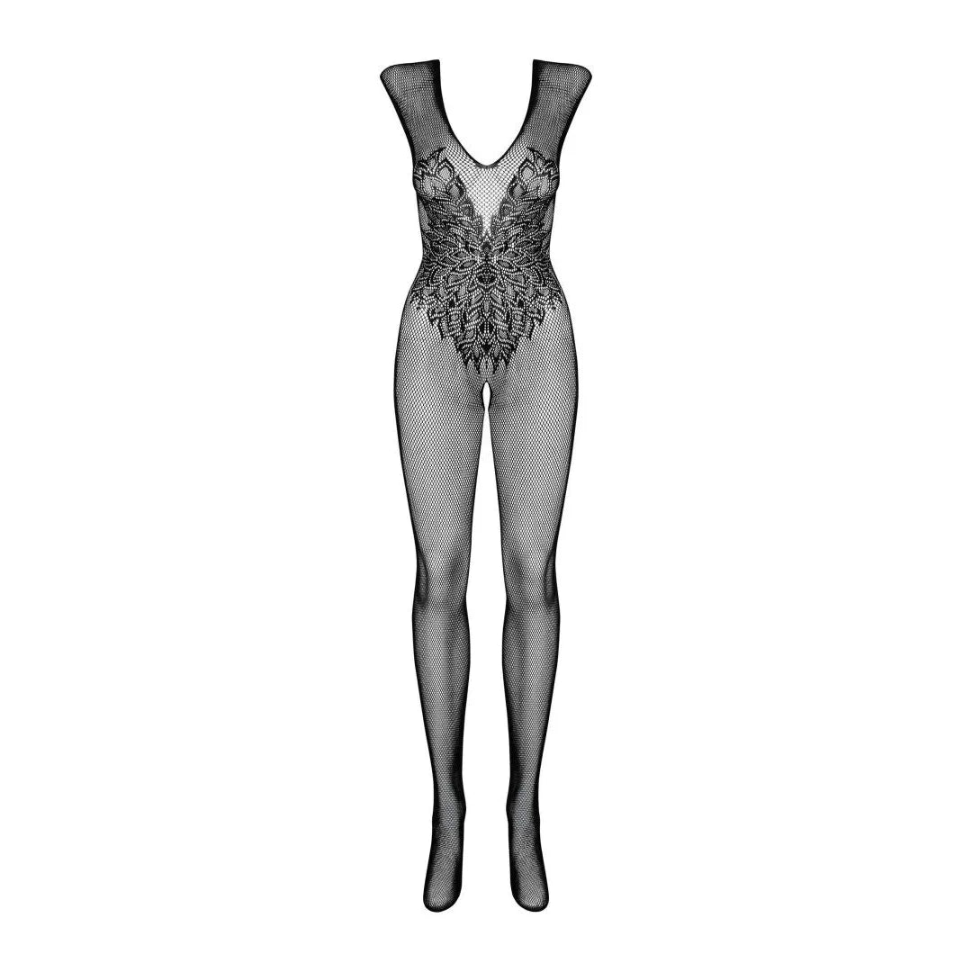 Combinaison lingerie noire motif ailes, décolleté plongeant, résille transparente, tissu élastique, tailles S M L.