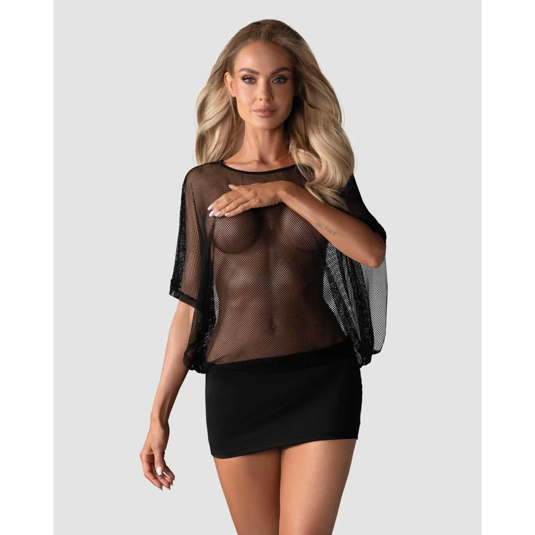 minirobe transparente sexy manches larges noire polyamide élasthanne extensible confortable moulante audacieuse séductrice féminine string inclus sensuelle glamour