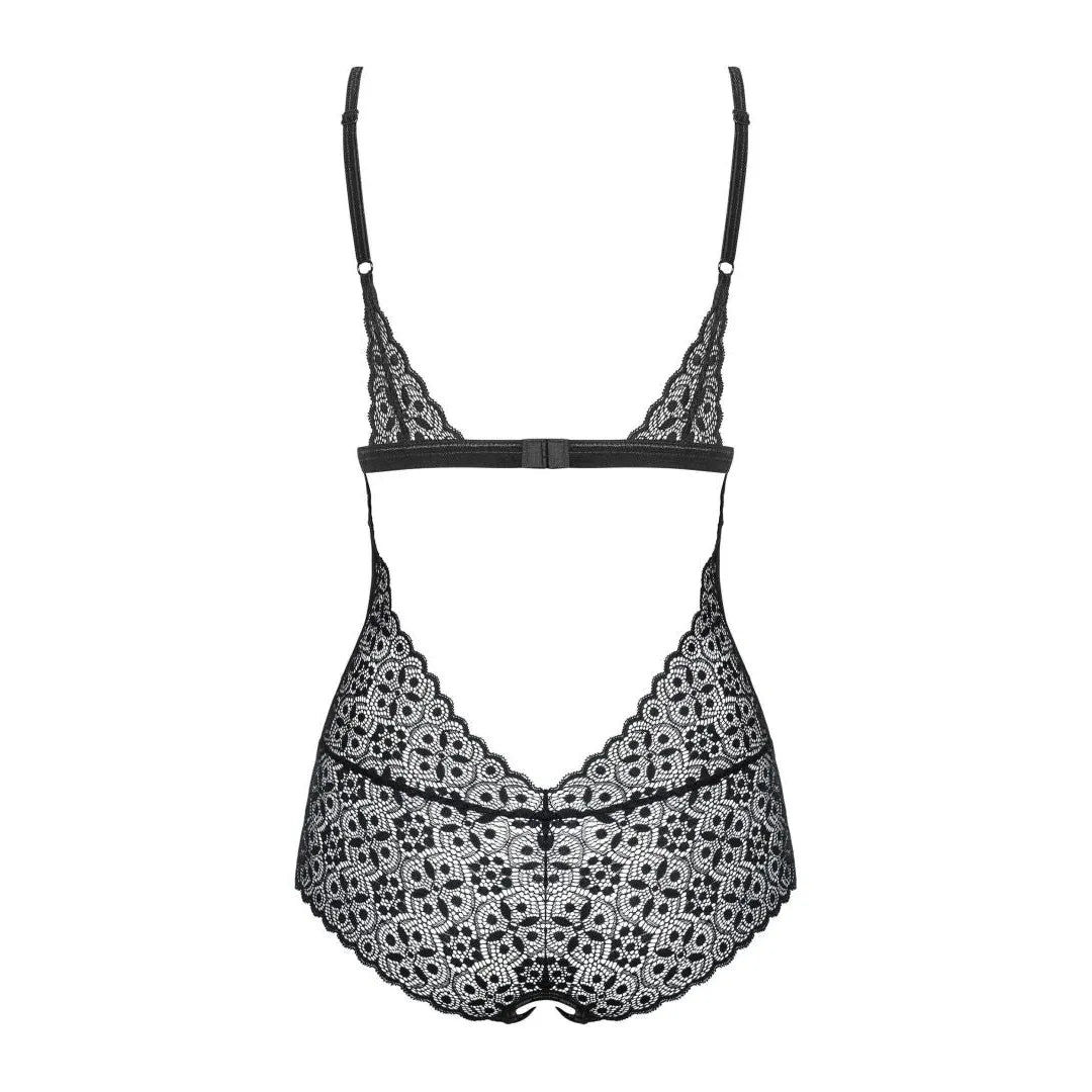 Body noir dentelle géométrique, maille transparente, bretelles réglables, coupe dos ouverte, élégant et sexy.