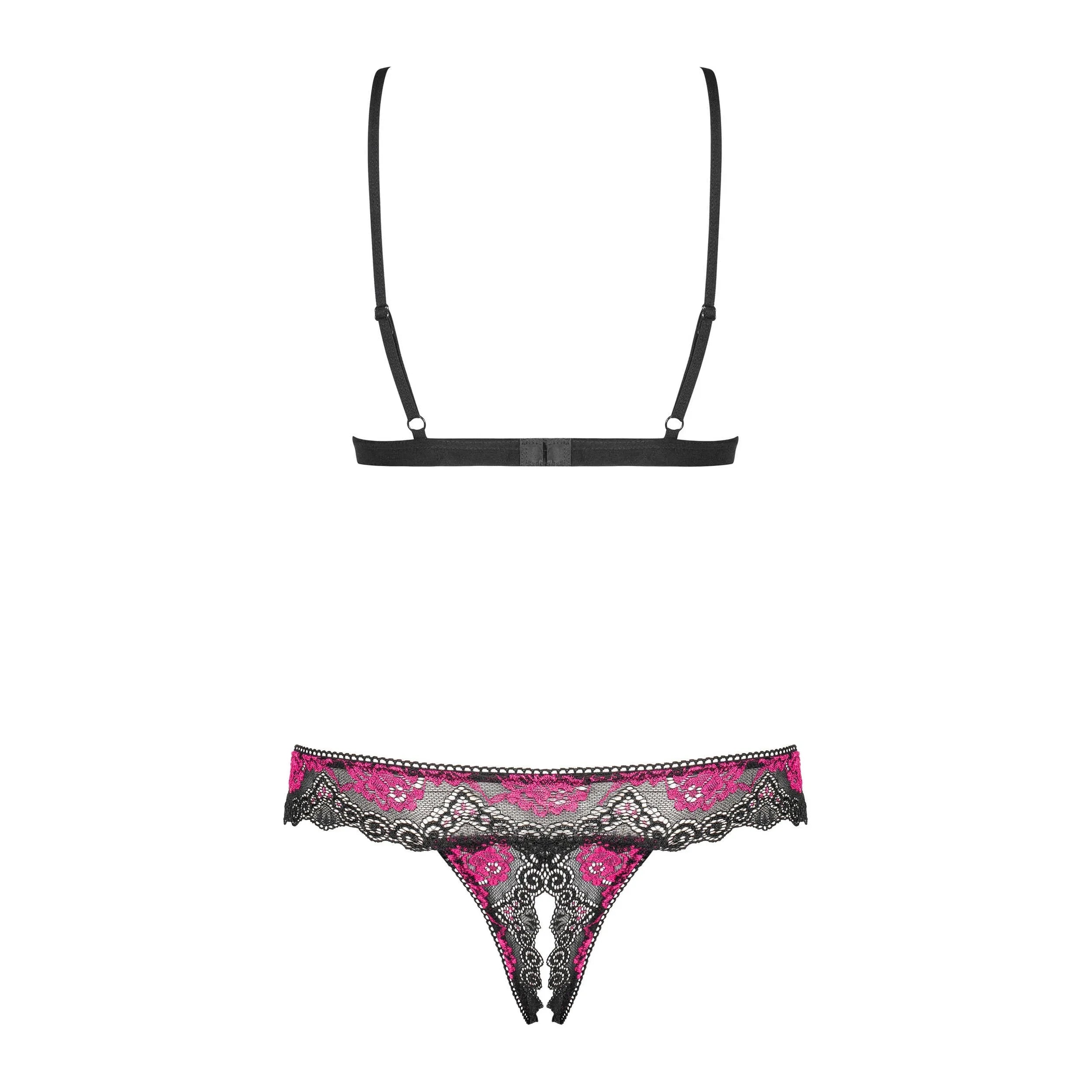 Ensemble lingerie dentelle noir fuchsia ouvert, sans bonnet, string sexy, bretelles réglables, design audacieux.