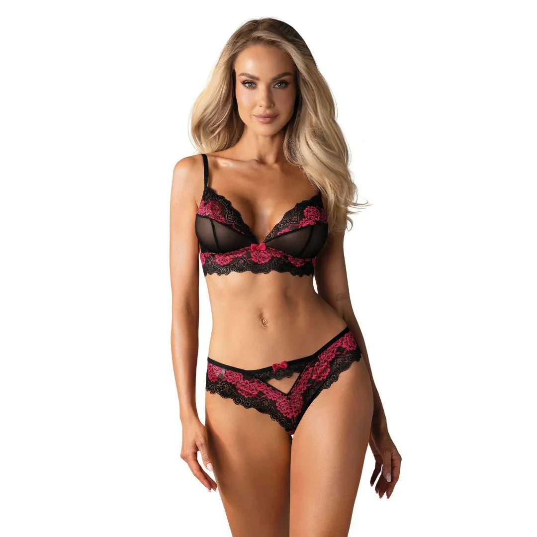 ensemble lingerie sexy dentelle noire fuchsia bretelles réglables noeuds roses bonnets transparents maille élasthanne confortable maintien ajustable coupe flatteuse féminine
