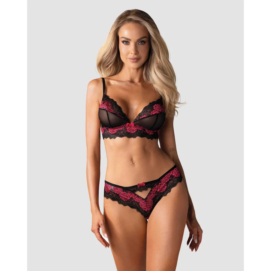 Ensemble lingerie dentelle noire et fuchsia, bretelles réglables, noeuds roses, bonnets transparents, coupe flatteuse.