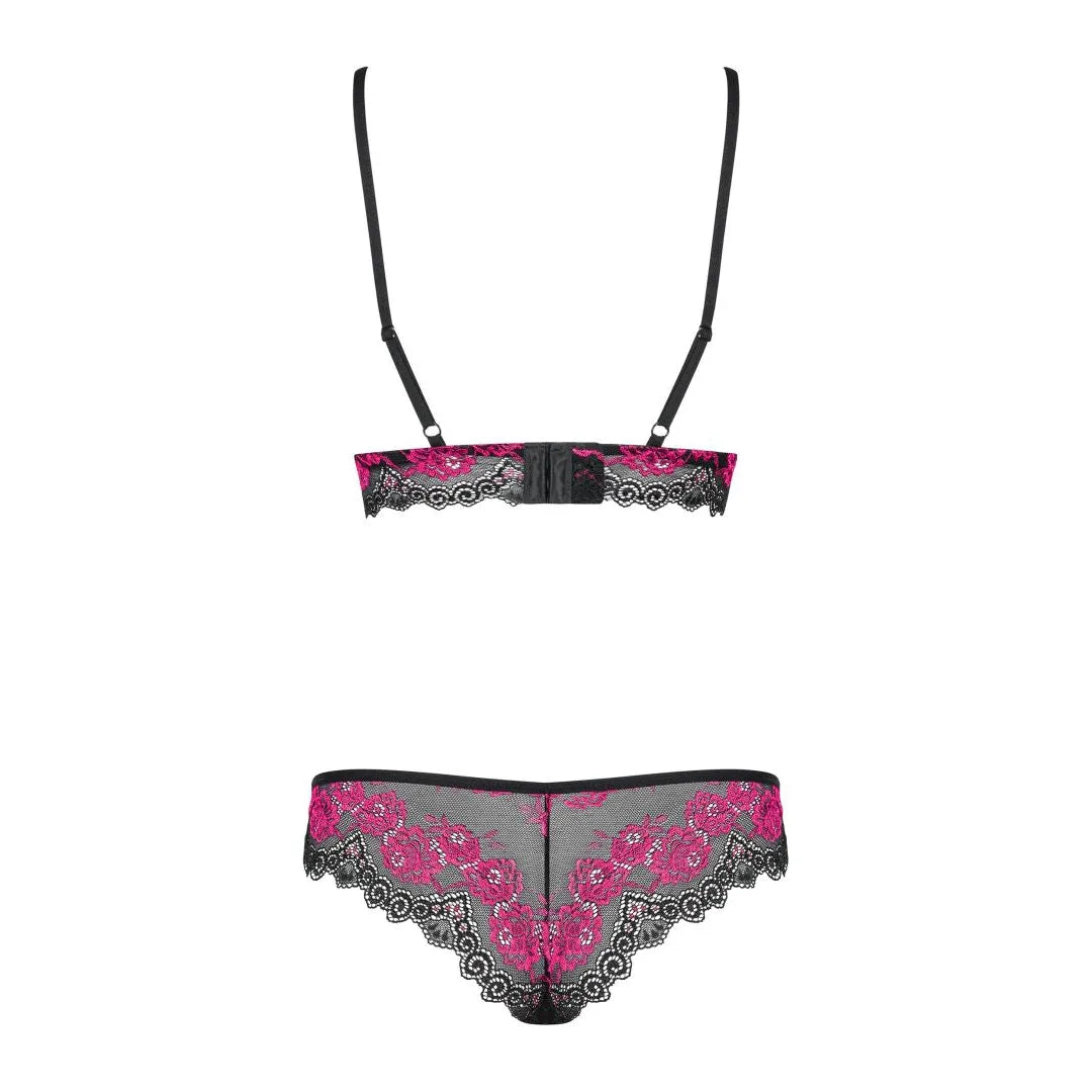 Ensemble lingerie dentelle noire et fuchsia, bretelles réglables, noeuds roses, bonnets transparents, coupe flatteuse.