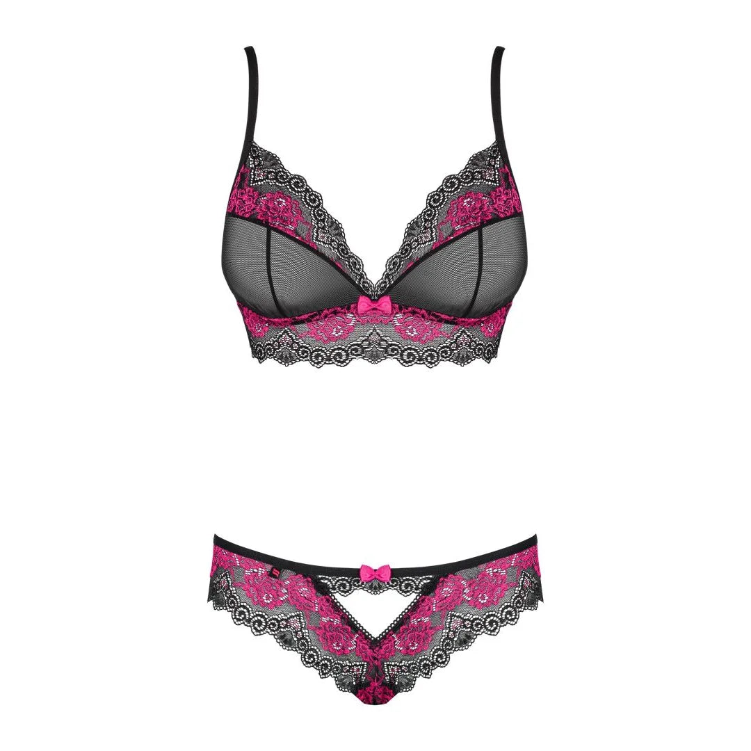 Ensemble lingerie dentelle noire et fuchsia, bretelles réglables, noeuds roses, bonnets transparents, coupe flatteuse.
