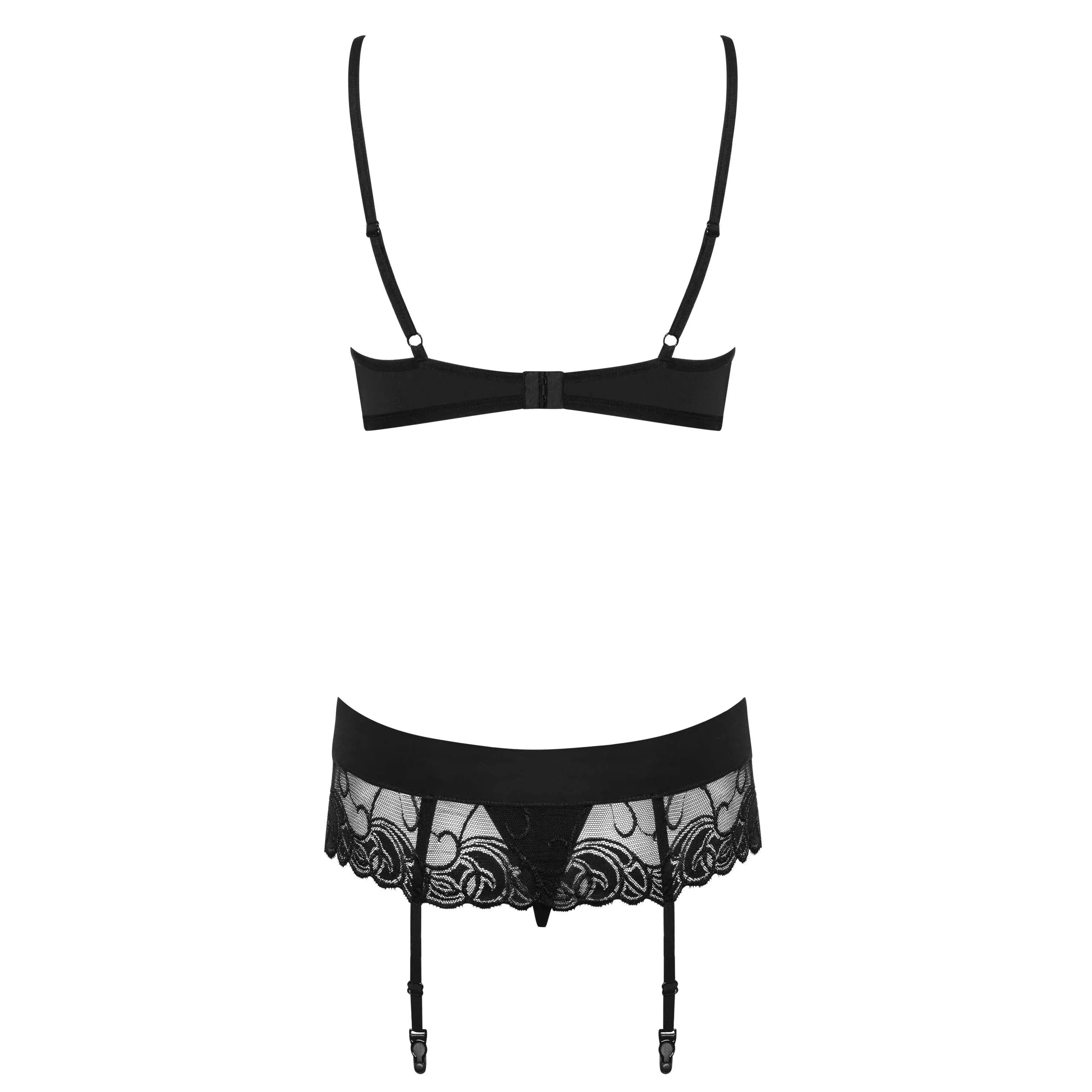 Ensemble lingerie noir 3 pièces en dentelle et satin, soutien-gorge push-up, porte-jarretelles, string assorti.