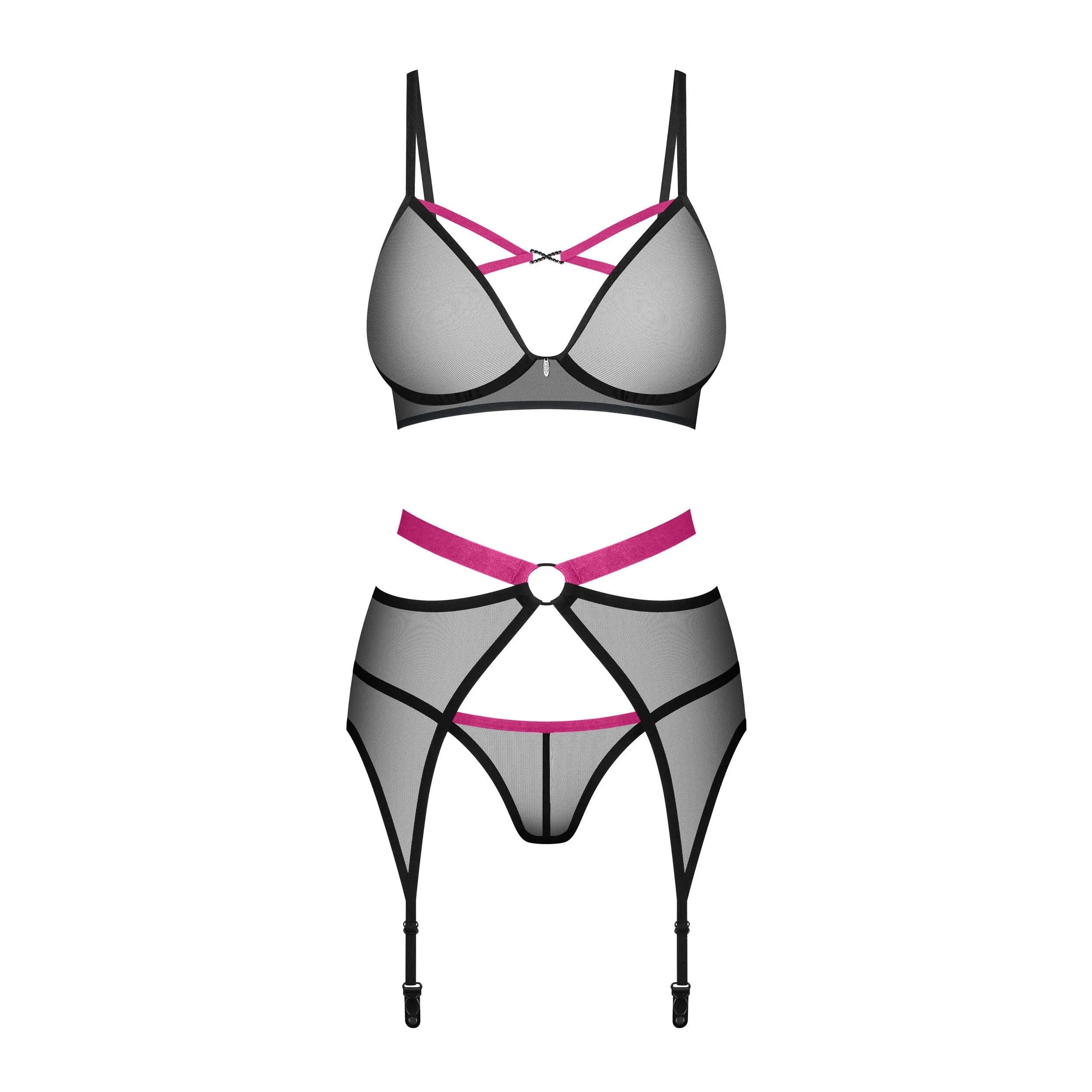 Novenes ensemble lingerie noire portejarretelles soutiengorge string zircones maille transparente bonnets armatures maintien optimal bretelles réglables fixation multiple