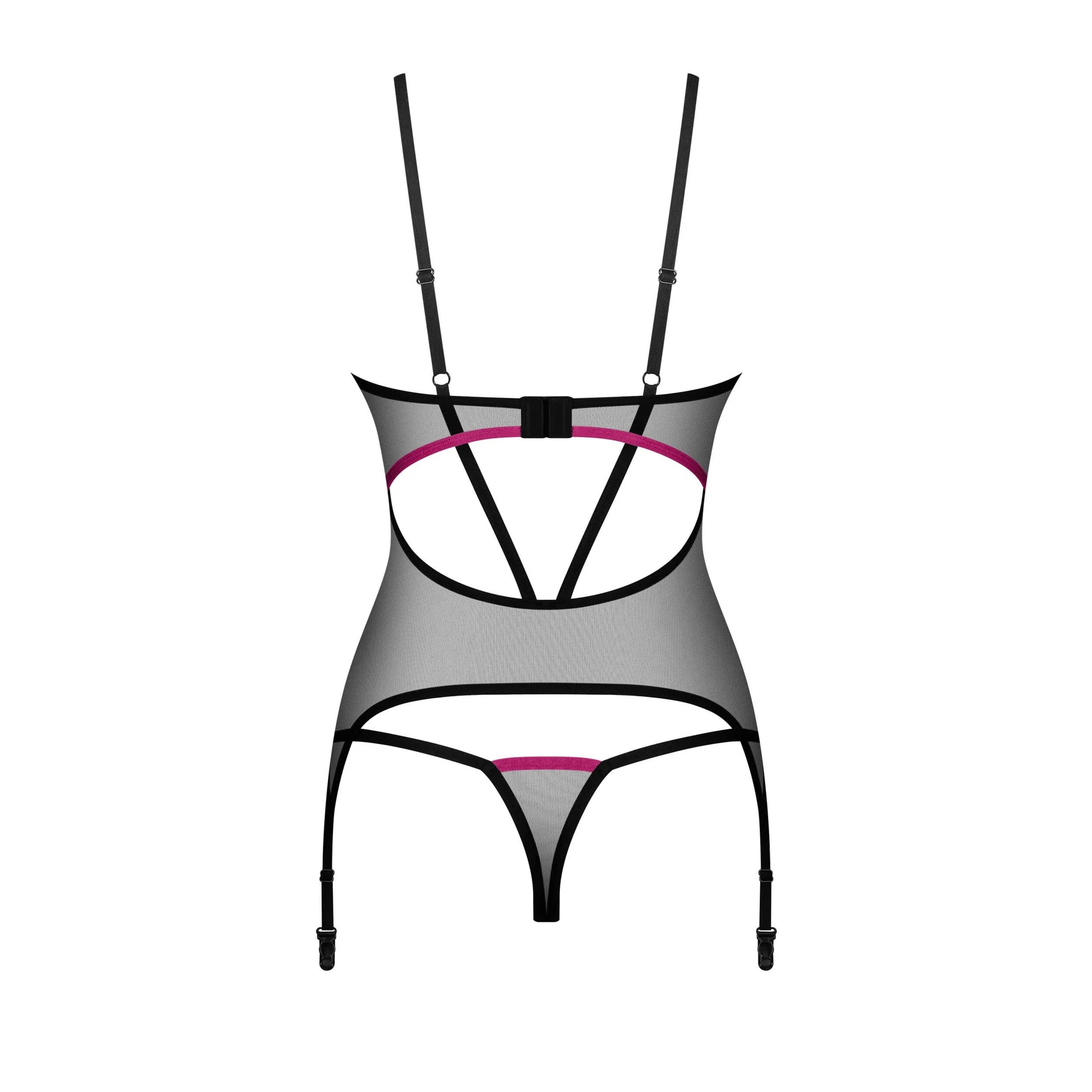 Ensemble lingerie noir transparent avec accents roses et zircons, corset à armatures, string et jarretières intégrées.
