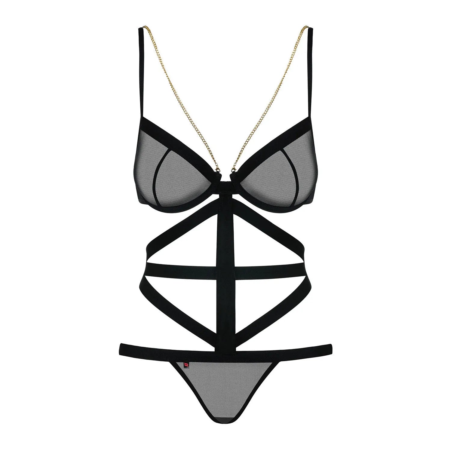 Body string noir avec chaînes bijoux, design élégant et sensuel, sublimateur de silhouette, idéal pour soirées romantiques.