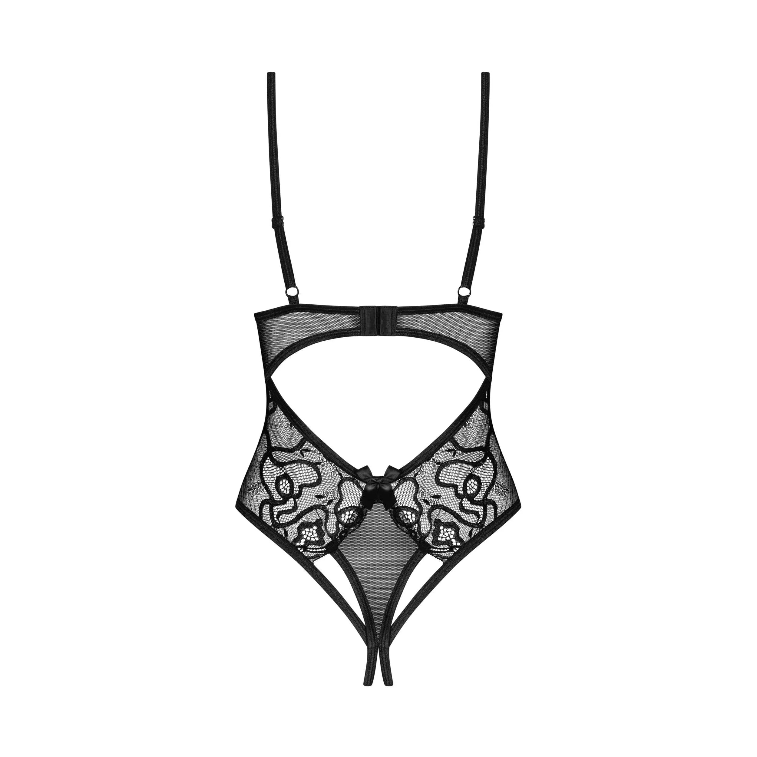Body noir dentelle ouvert entrejambe, bretelles réglables, design audacieux et sensuel pour femme confiante.