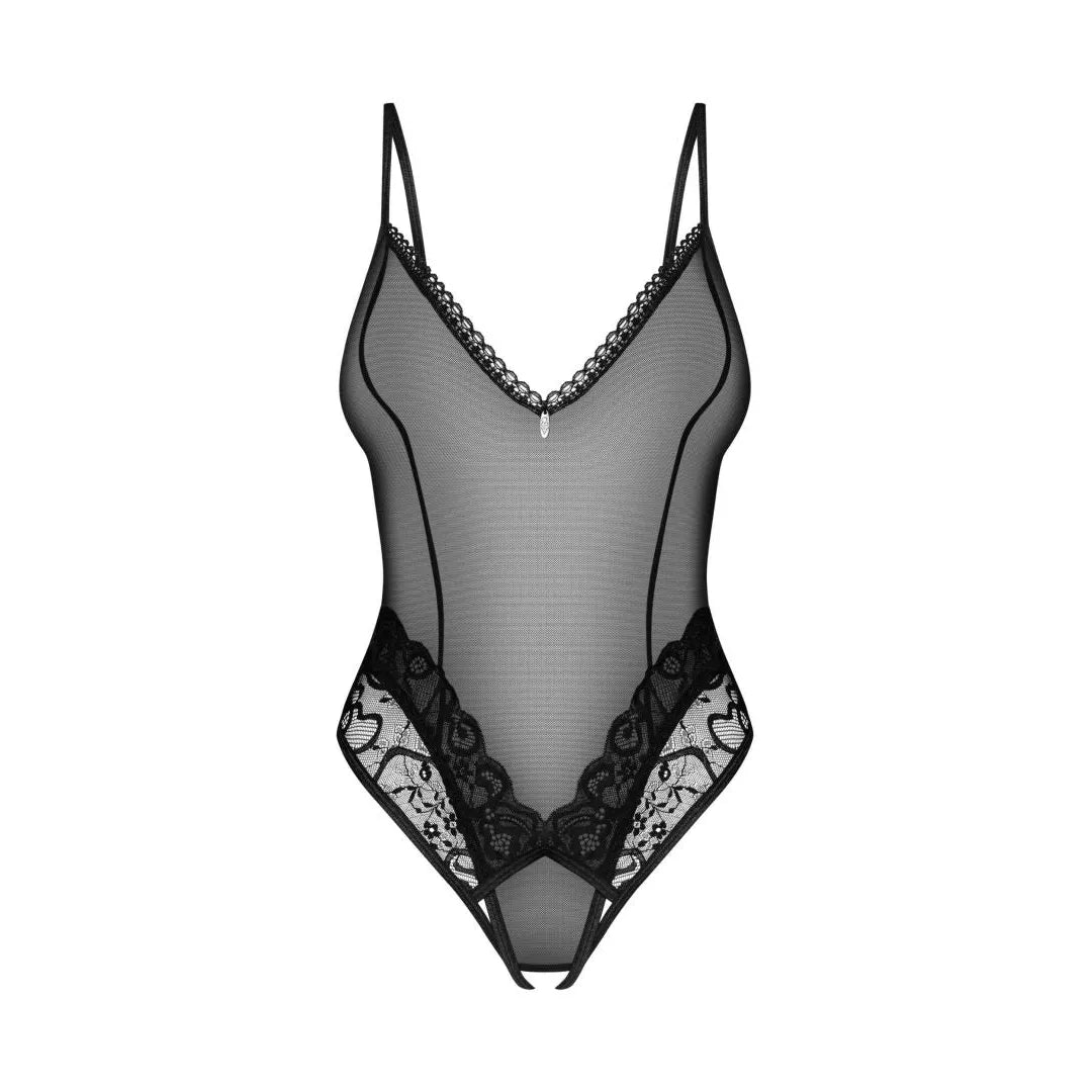 Body noir en dentelle ouvert entrejambe, bretelles réglables, design séduisant pour femme confiante, taille haute.