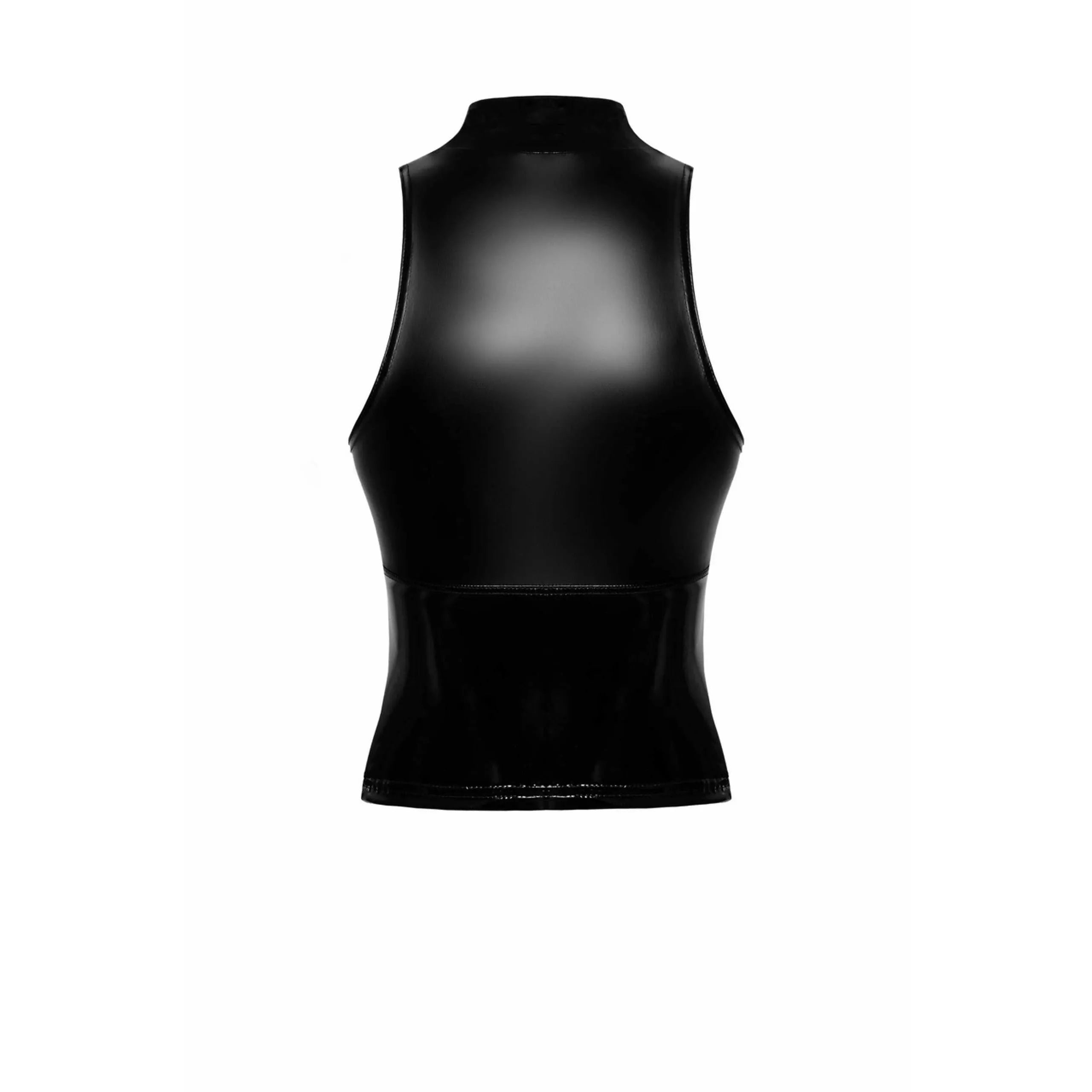 haut sans manches noir PVC extensible brillant fermeture zippée col montant sexy ajusté élastique confortable court soirée glamour