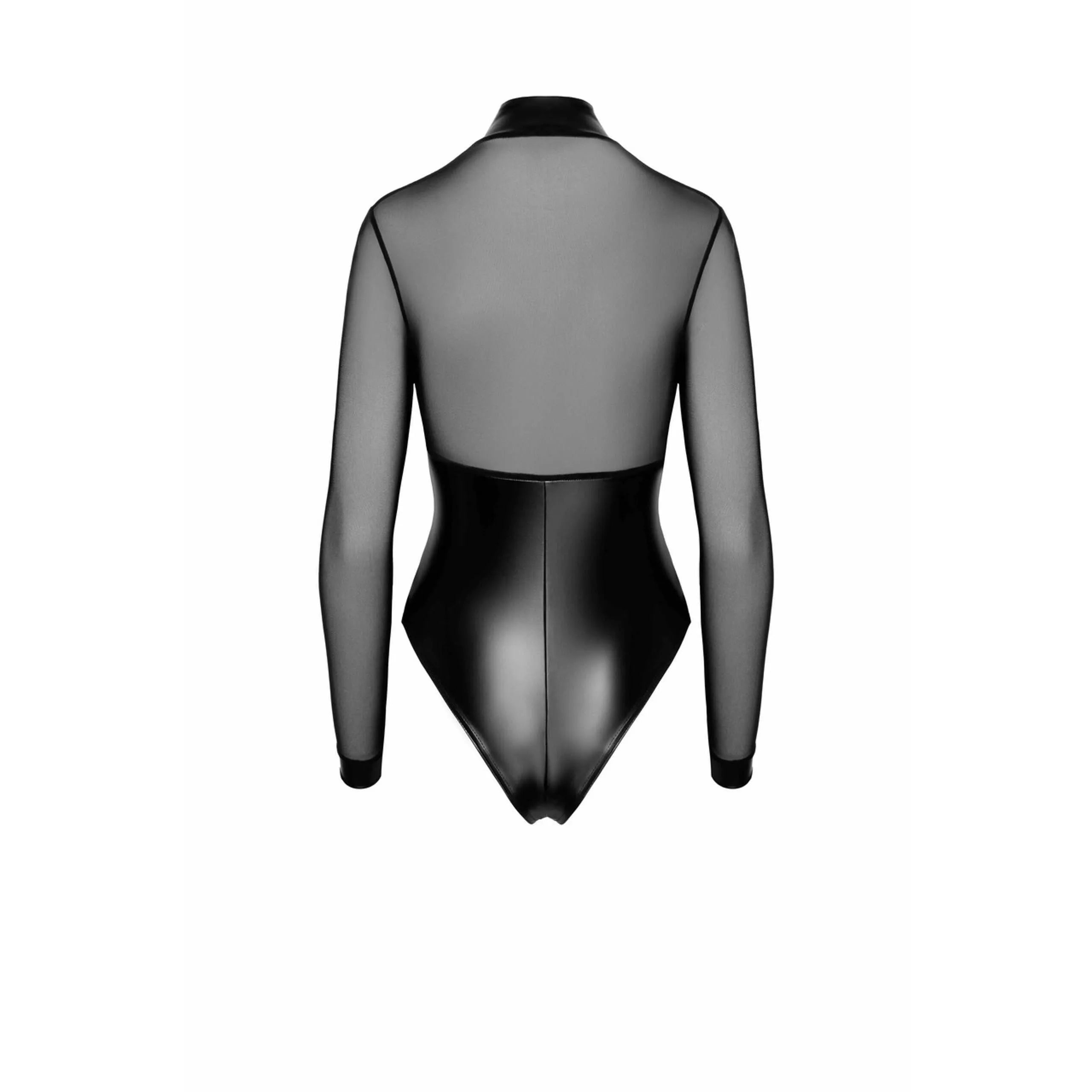 Body moulant noir transparent en tulle avec anneaux métalliques, manches longues, col montant, fermeture éclair.