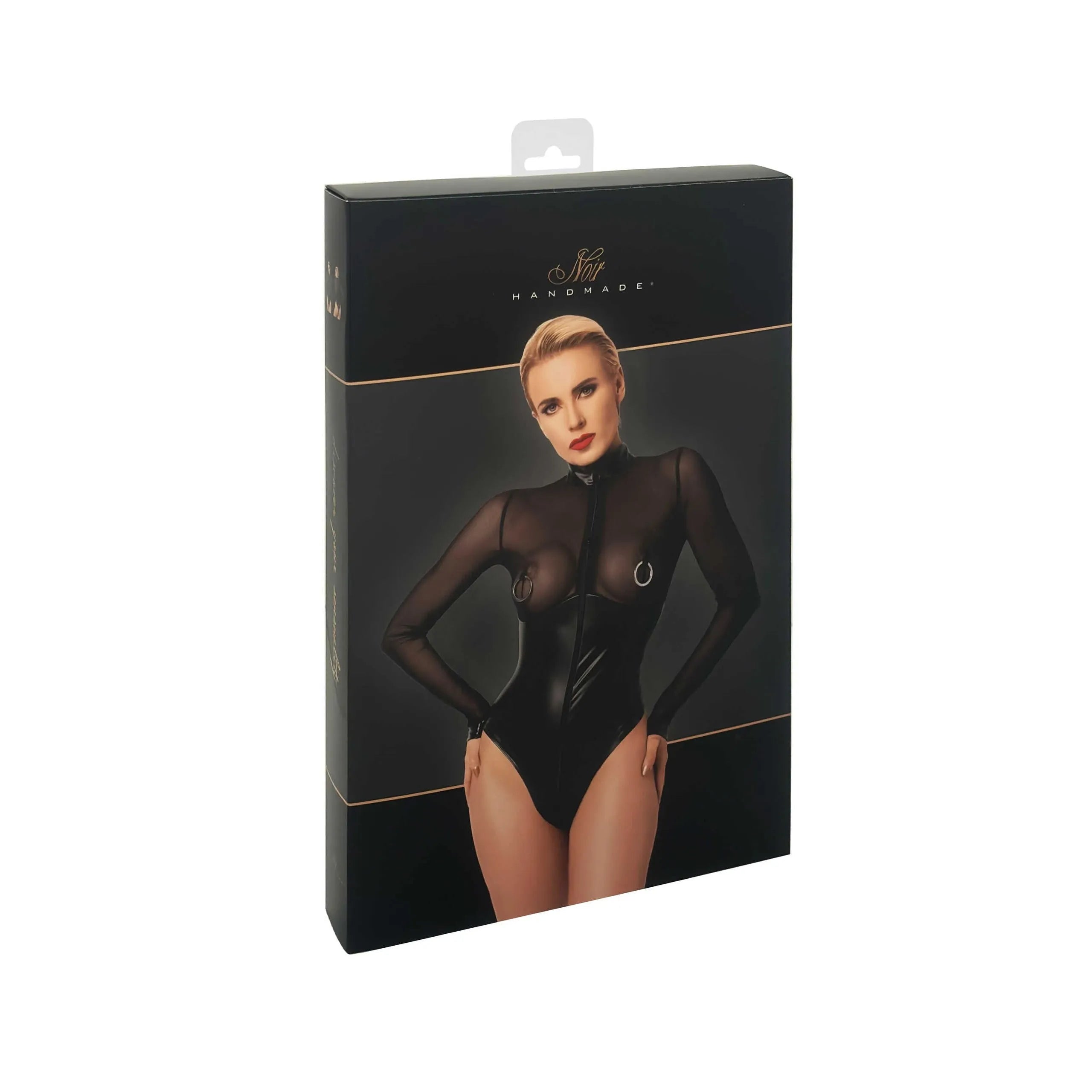 Body noir moulant transparent en tulle, anneaux métalliques, manches longues, col montant, sur emballage élégant.