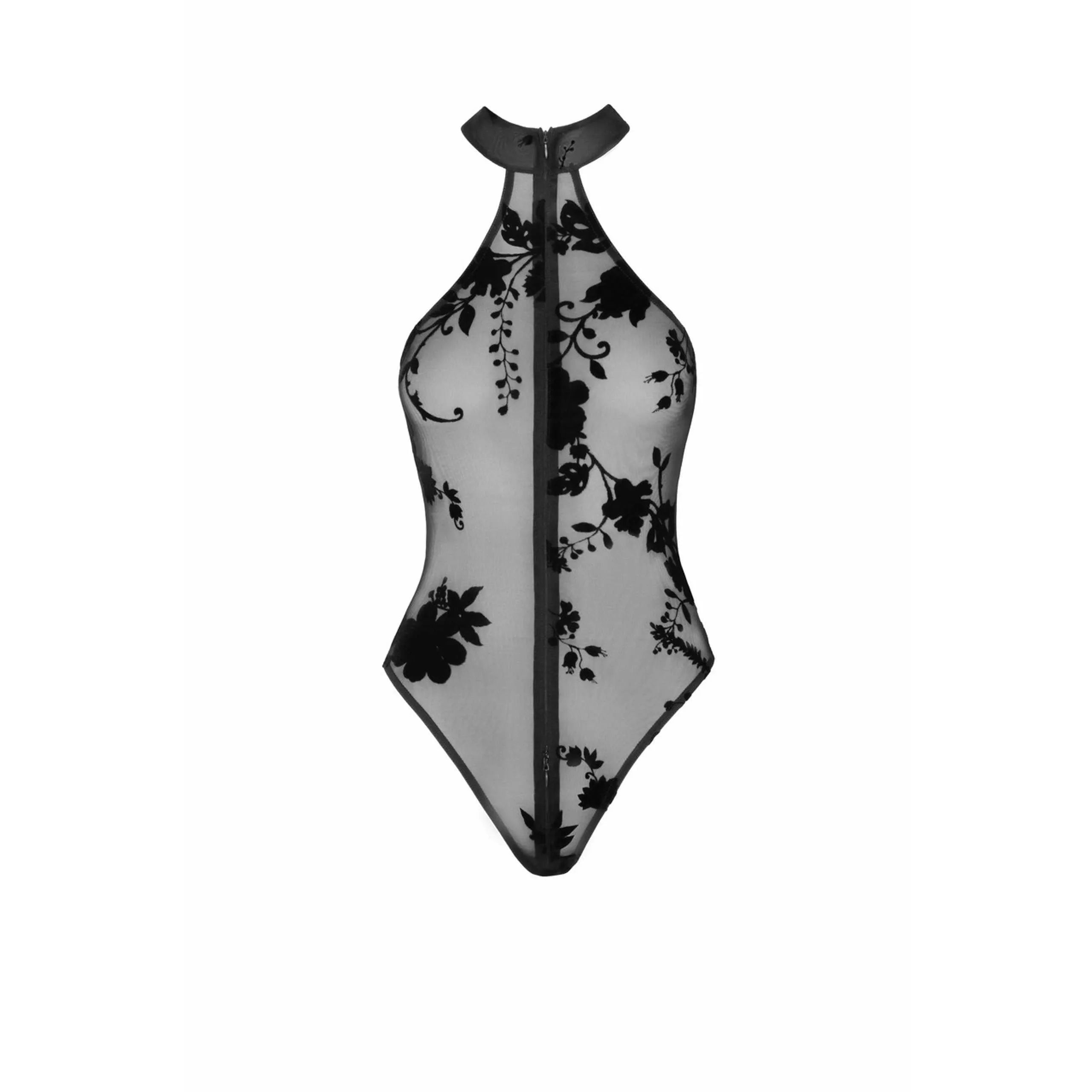 Combinaison licou noire maille floquée fleurs sauvages, dos nu, fermeture éclair discrète, élégante et sensuelle.