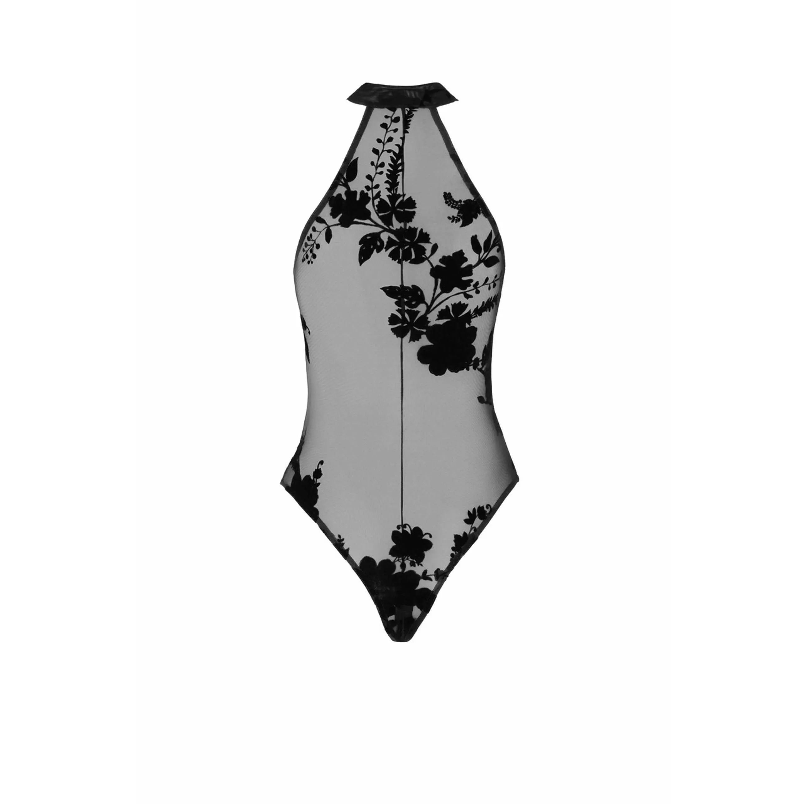 Combinaison licou noire en maille floquée fleurs sauvages, dos nu, fermeture éclair discrète, élégante et sensuelle.