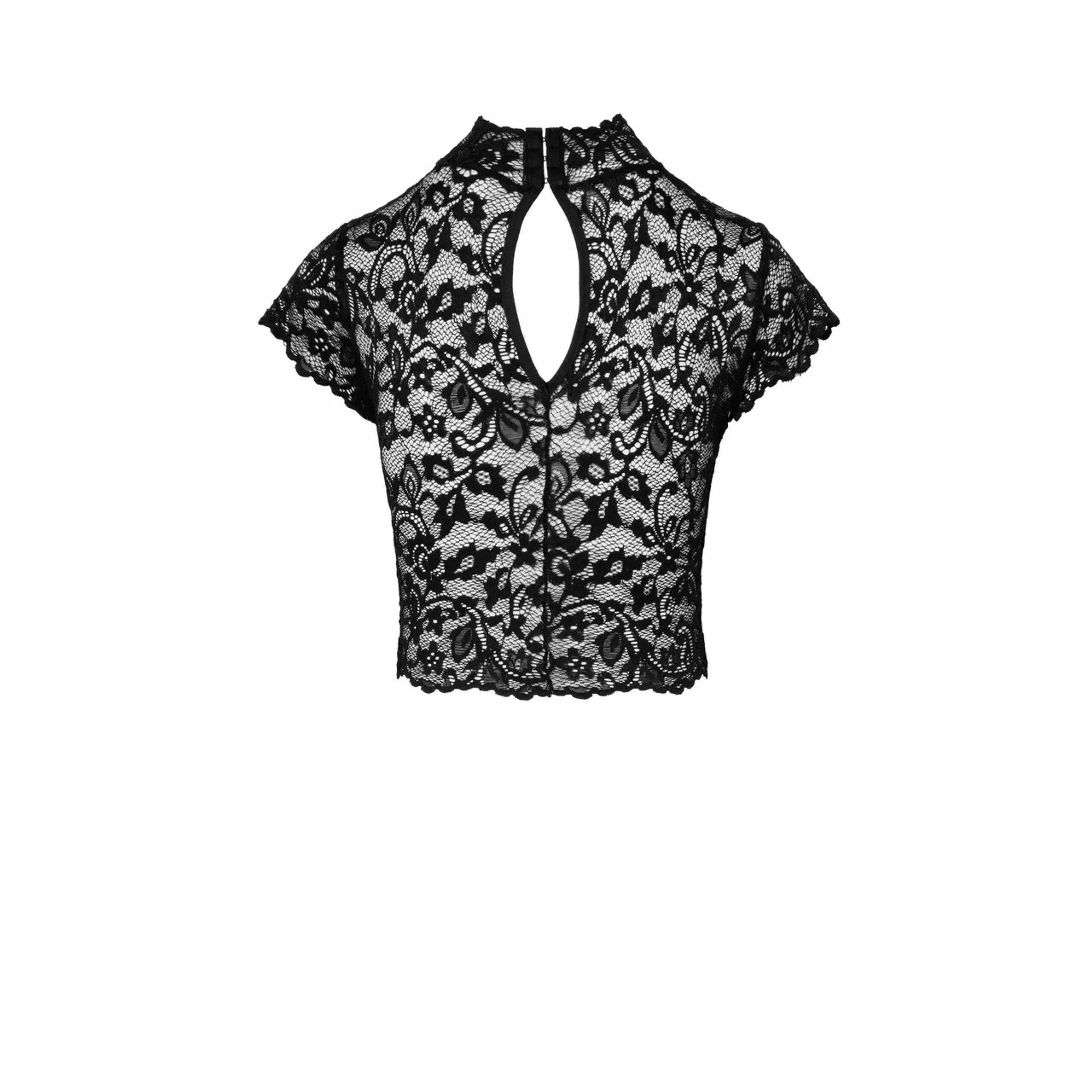 Top dentelle élastique transparent manches capuchon col montant fermeture crochet