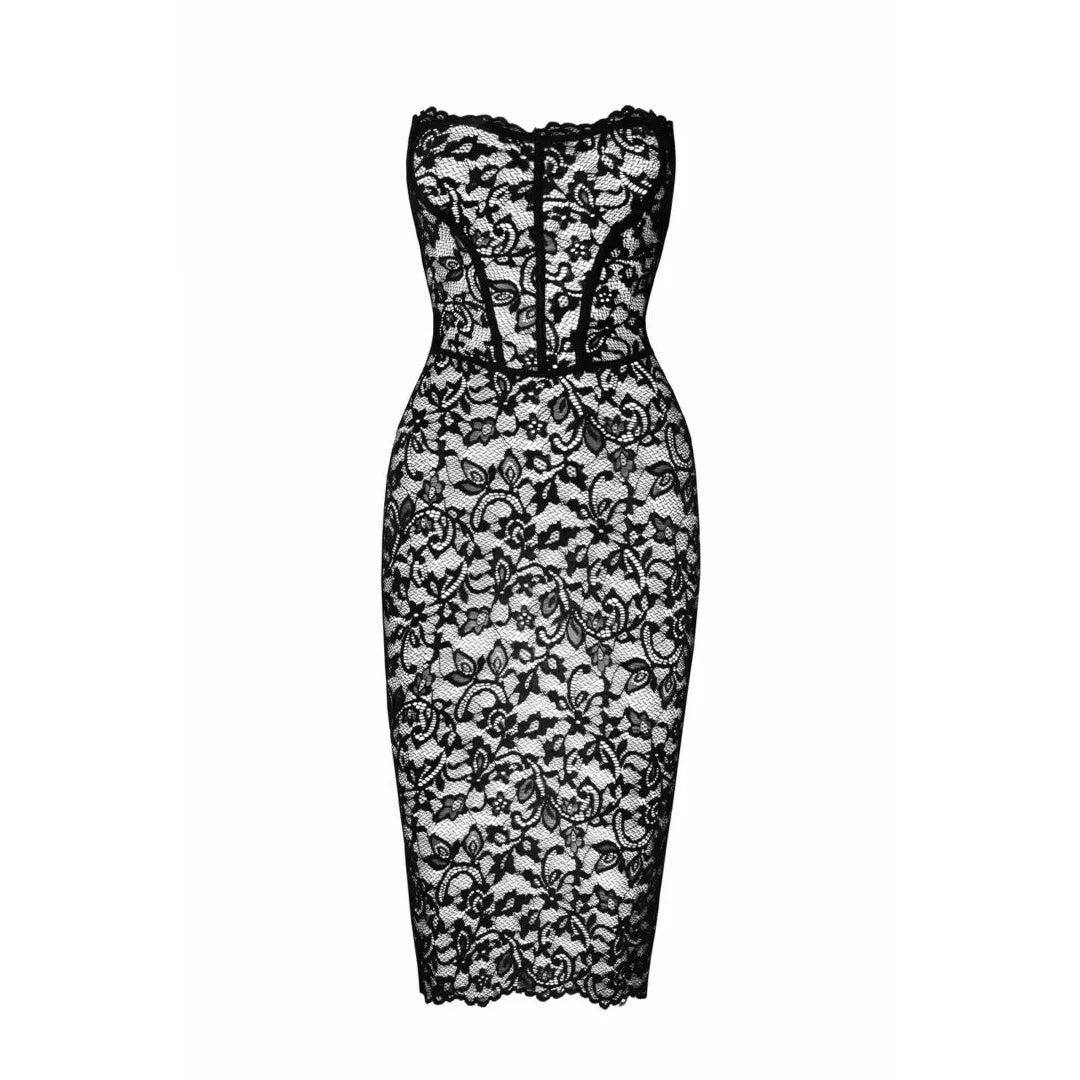 Robe midi noire en dentelle florale, dos lacé, ajustée, élégante et sophistiquée, idéale pour une allure moderne et raffinée.