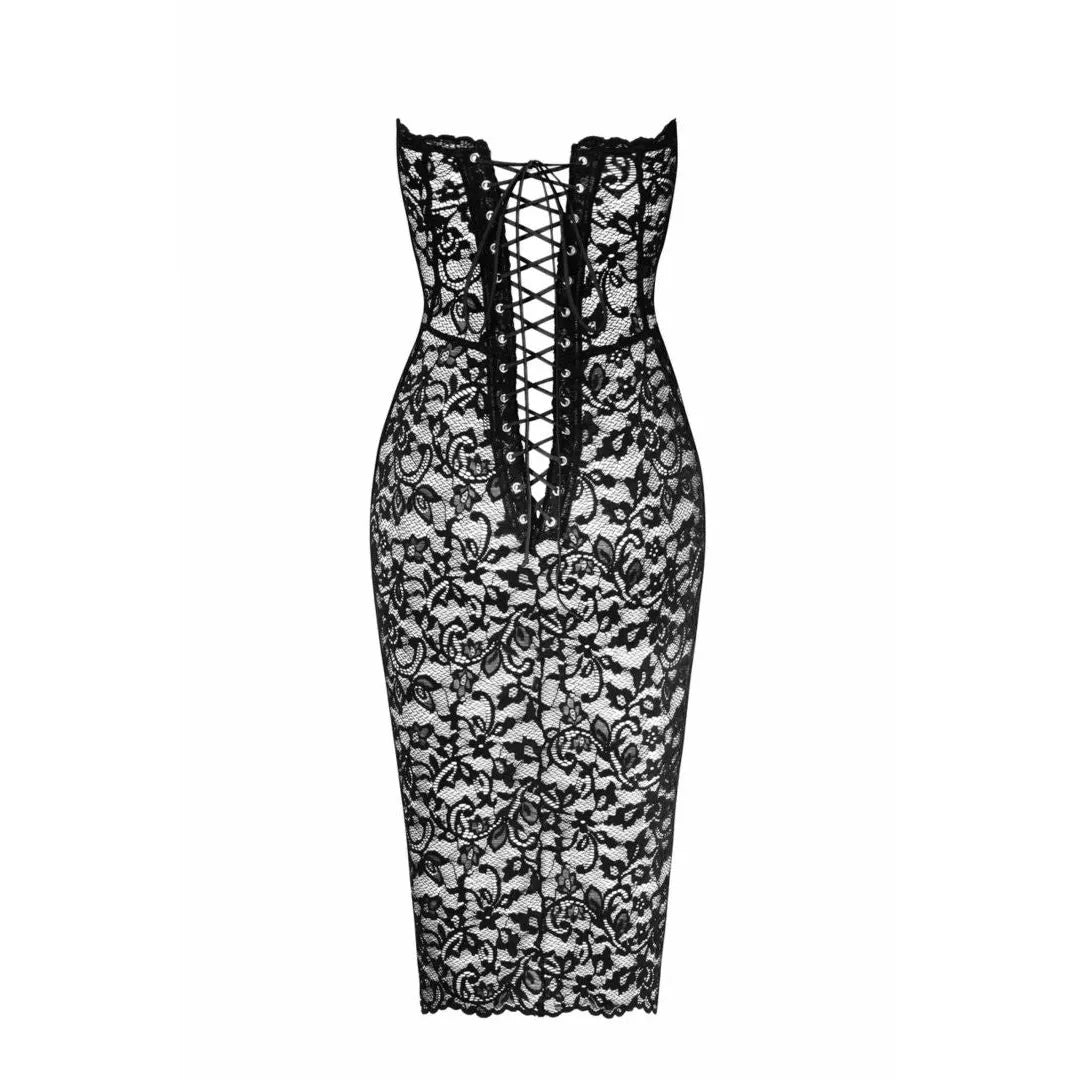 Robe midi noire en dentelle florale avec dos lacé, coupe ajustée élégante et sophistiquée.