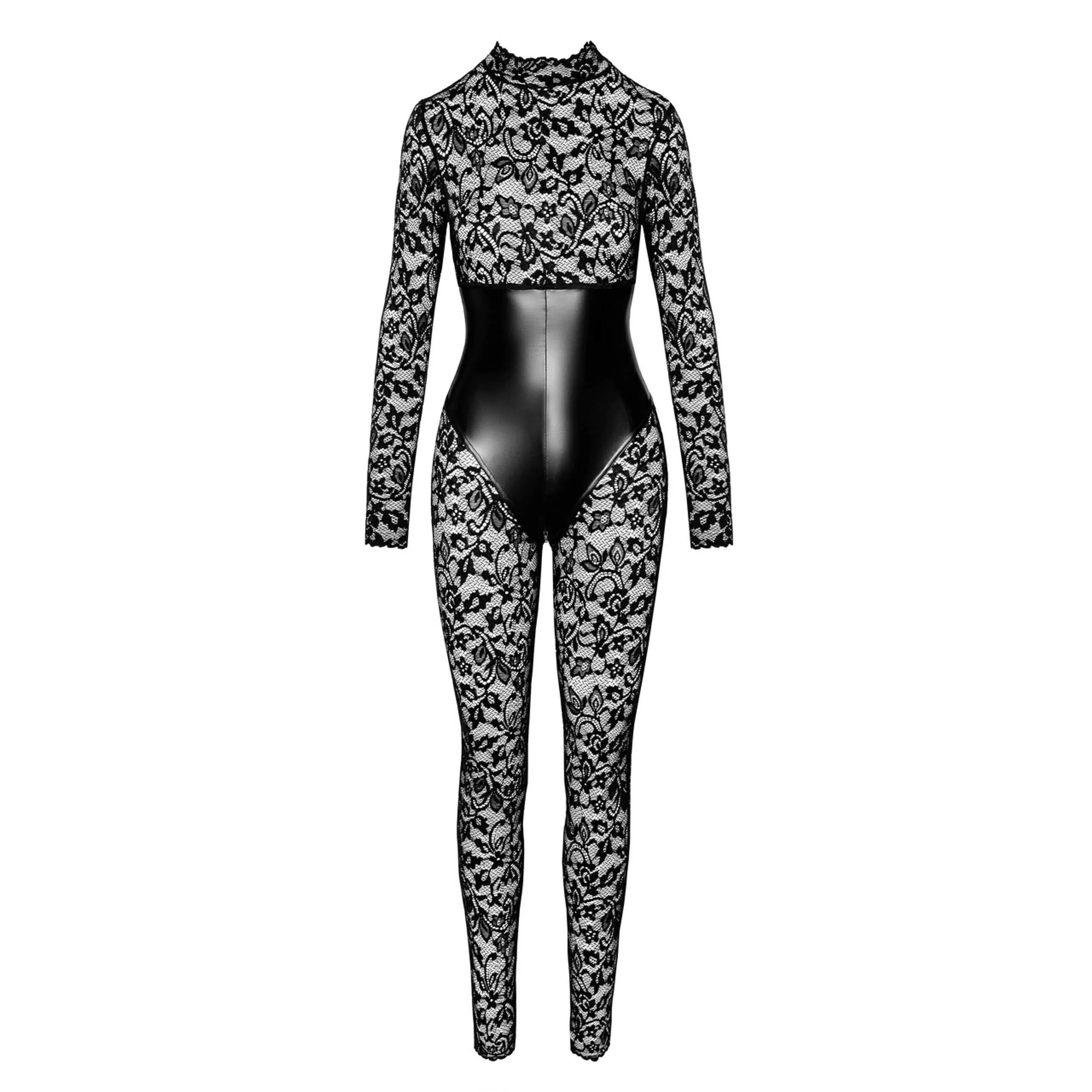 Combinaison dentelle noire manches longues, dos ouvert, laçage, col montant, fermeture éclair, corsage brillant élastique.