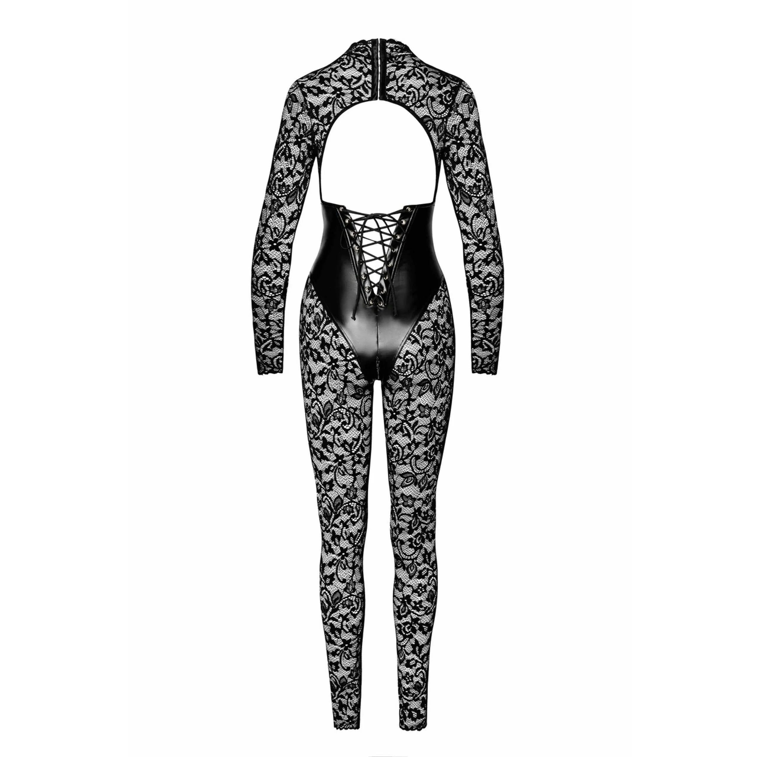 Combinaison noire en dentelle, manches longues, dos ouvert avec laçage, fermeture éclair, col montant, style élégant et sexy.