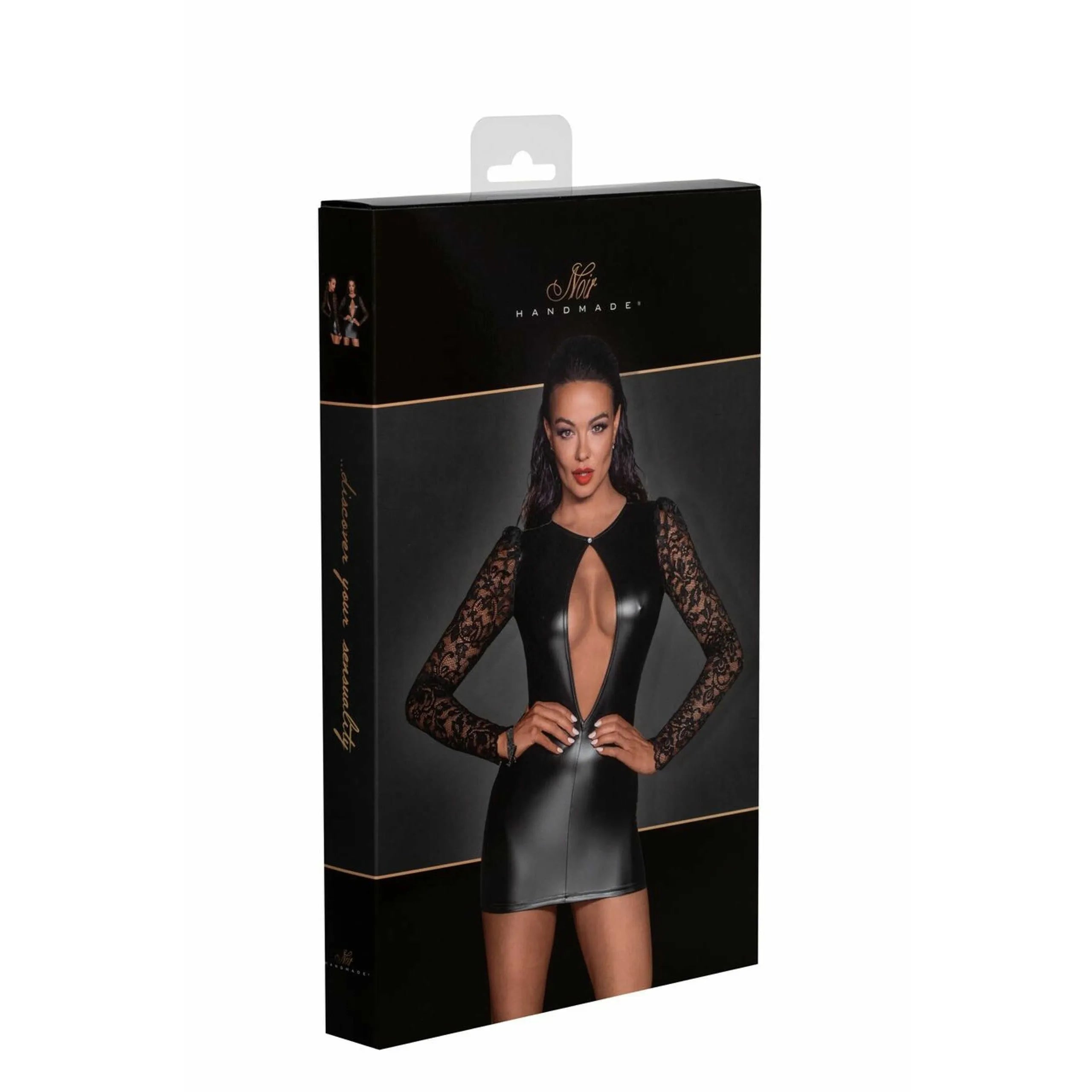 mini robe élastique matière brillante noir manches longues dentelle transparente ouverture sexy col bouton ajustement moulant extensible confortable glamour séduisant