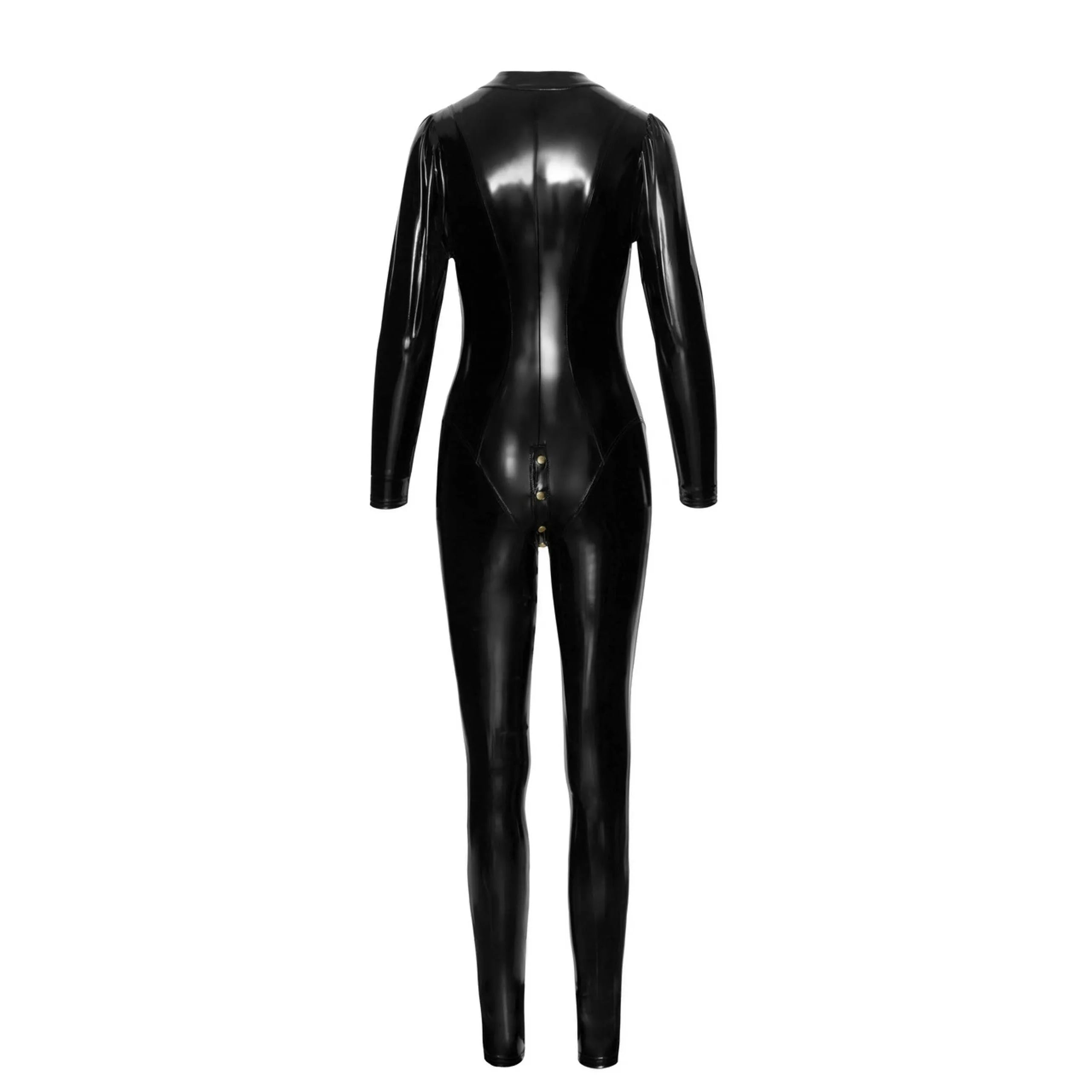Combinaison longue noire PVC boutonnée, col montant, coutures ajustées, silhouette élégante et provocante.