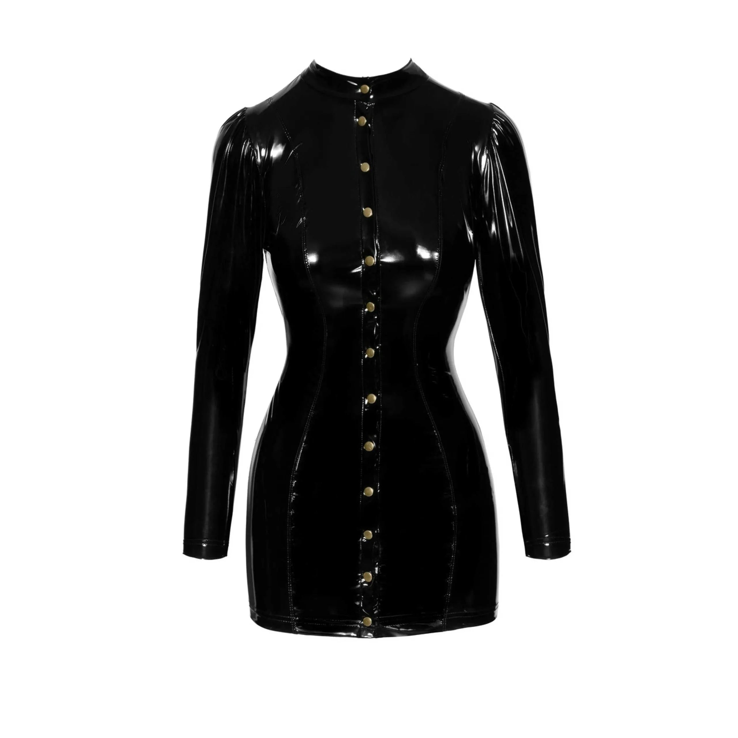 mini robe courte PVC épaules bouffantes fermoirs dorés brillante noire ajustée sexy soirée festive glamour sculptante tailles disponibles