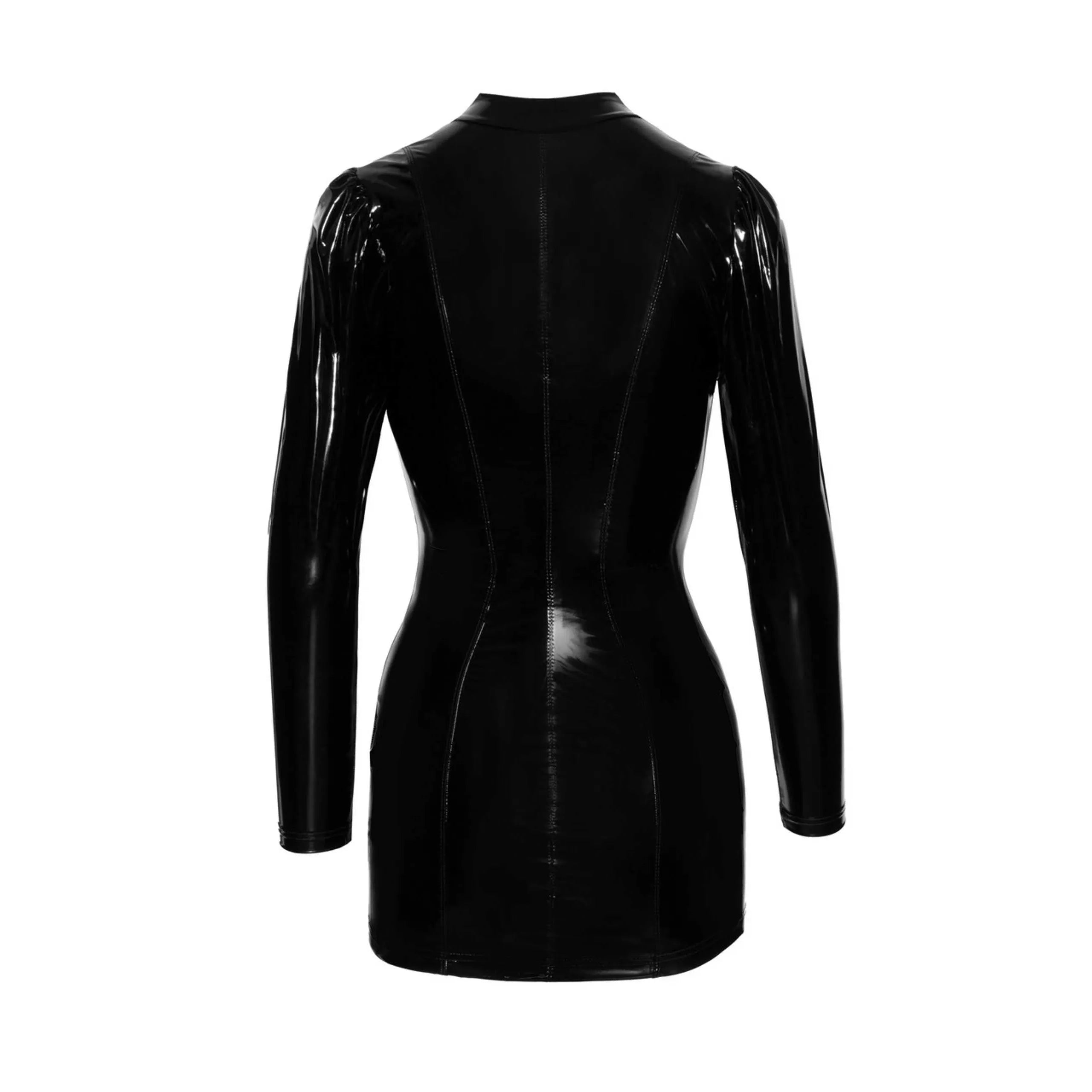mini robe courte PVC épaules bouffantes fermoirs dorés brillante noire ajustée sexy soirée festive glamour sculptante tailles disponibles