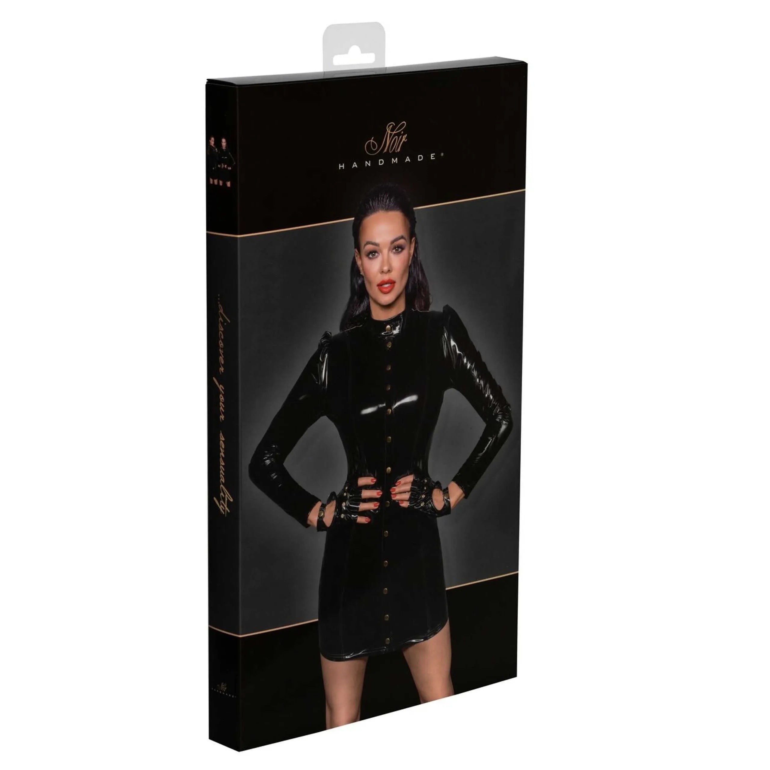 mini robe courte PVC épaules bouffantes fermoirs dorés brillante noire ajustée sexy soirée festive glamour sculptante tailles disponibles