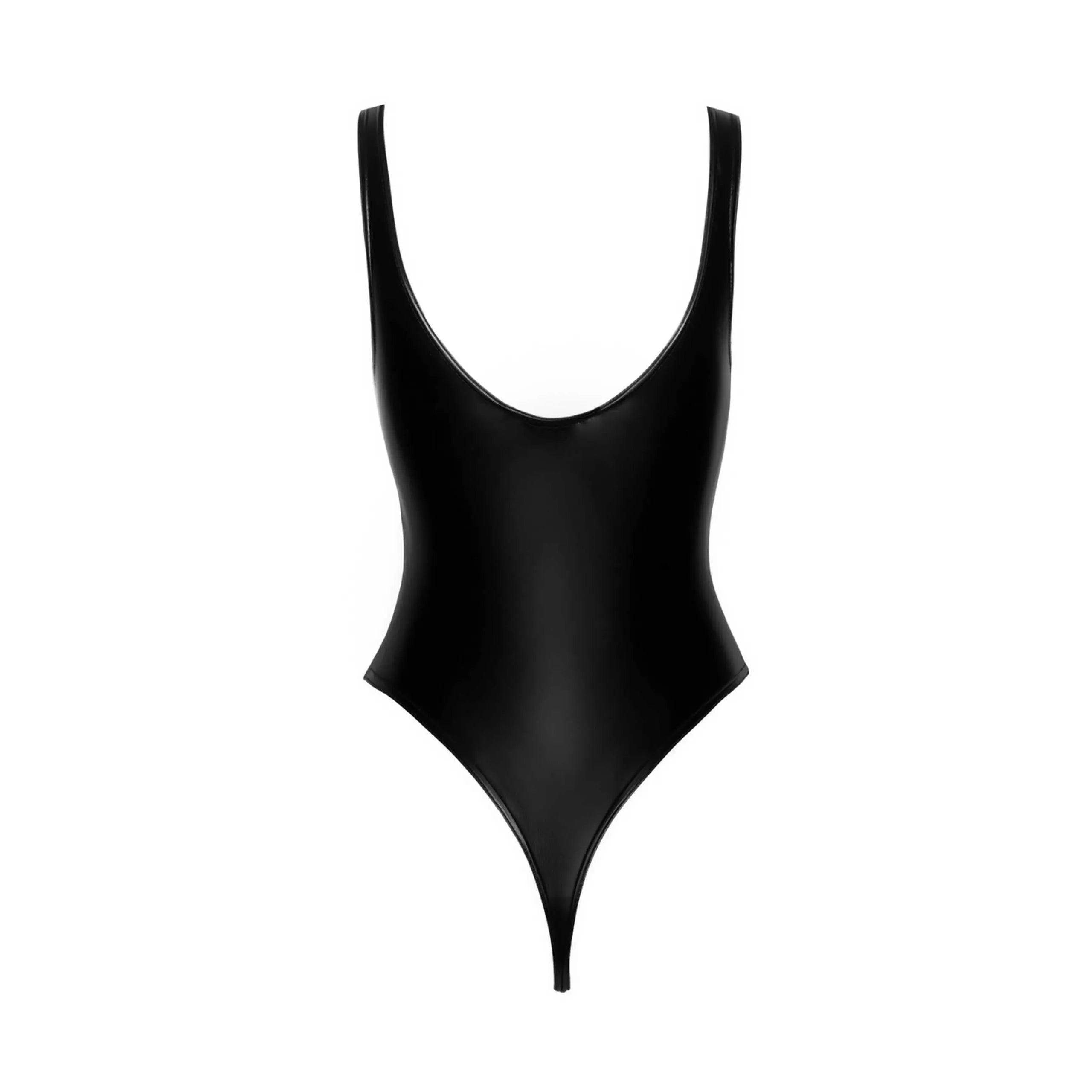 Body noir similicuir brillant, échancré, ajusté, effet seconde peau, idéal pour soirées glamour et silhouette sculptée.
