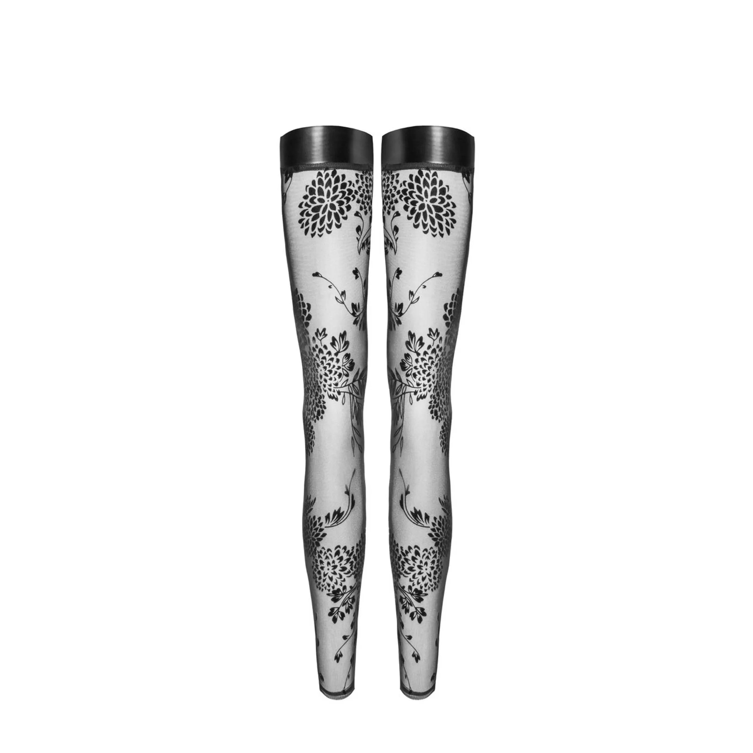 Bas noirs en tulle transparent avec broderie florale élégante, style chic soirée, maintien confortable et séduisant.