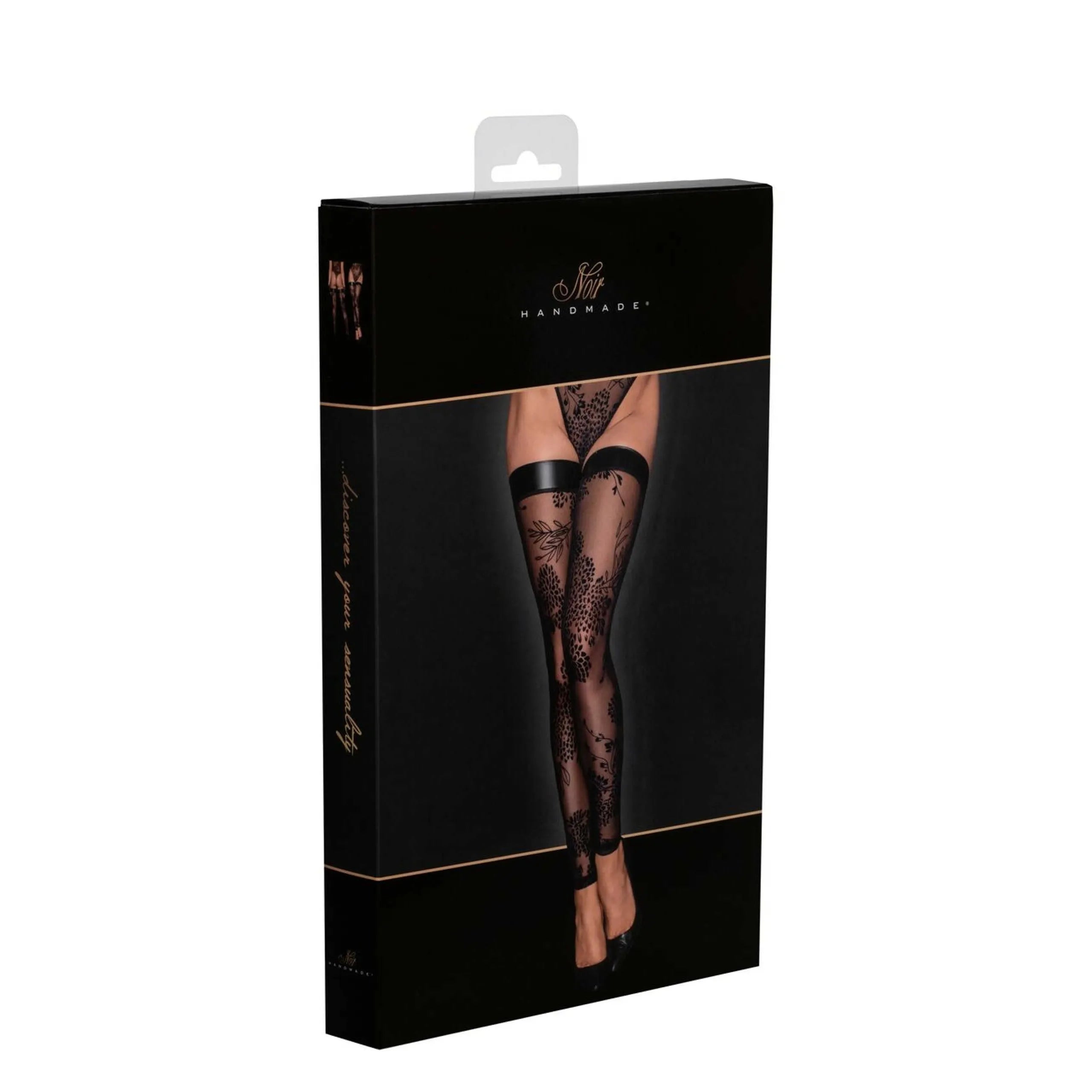 Bas noirs en tulle avec broderie florale, transparents et élégants, présentés sur fond noir, style chic et raffiné.