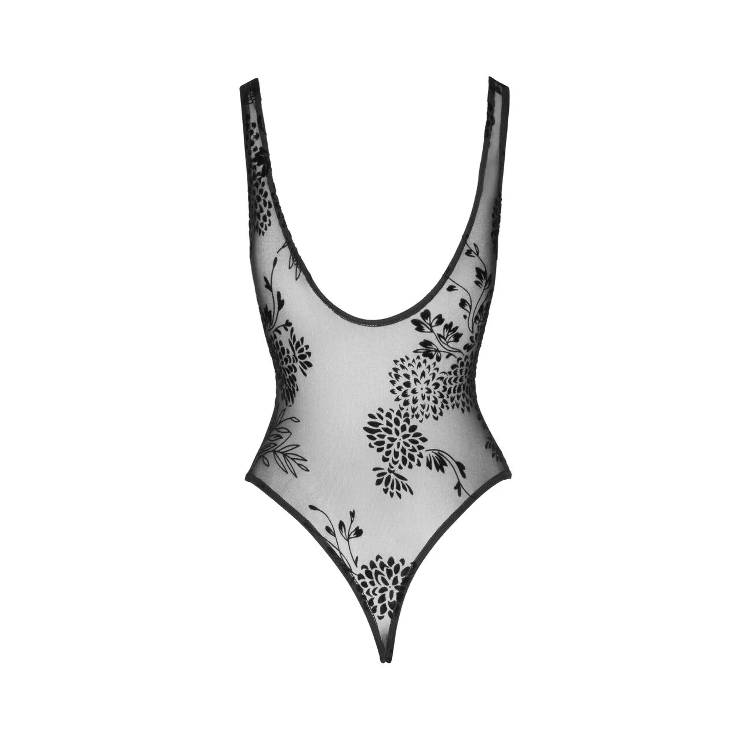 Body noir transparent en dentelle botanique, dos échancré, bretelles fines, coupe sculptante élégante pour soirées.