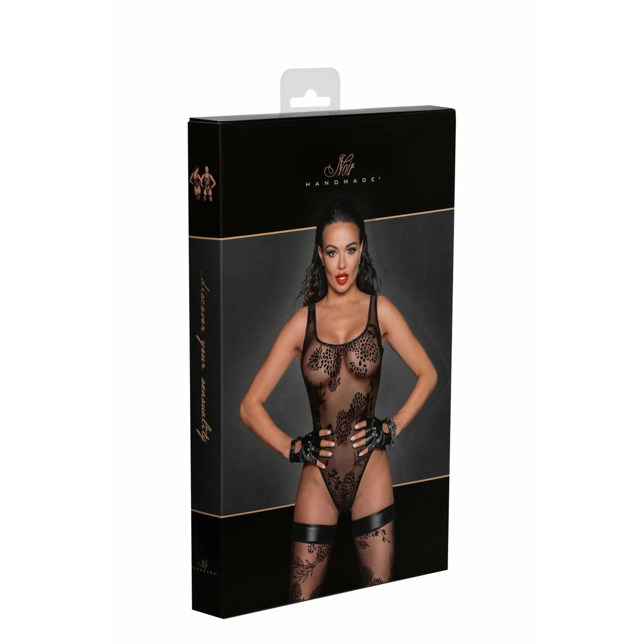 Body noir transparent dentelle botanique, dos échancré, élégant et sculptant, idéal pour soirées, femme moderne.
