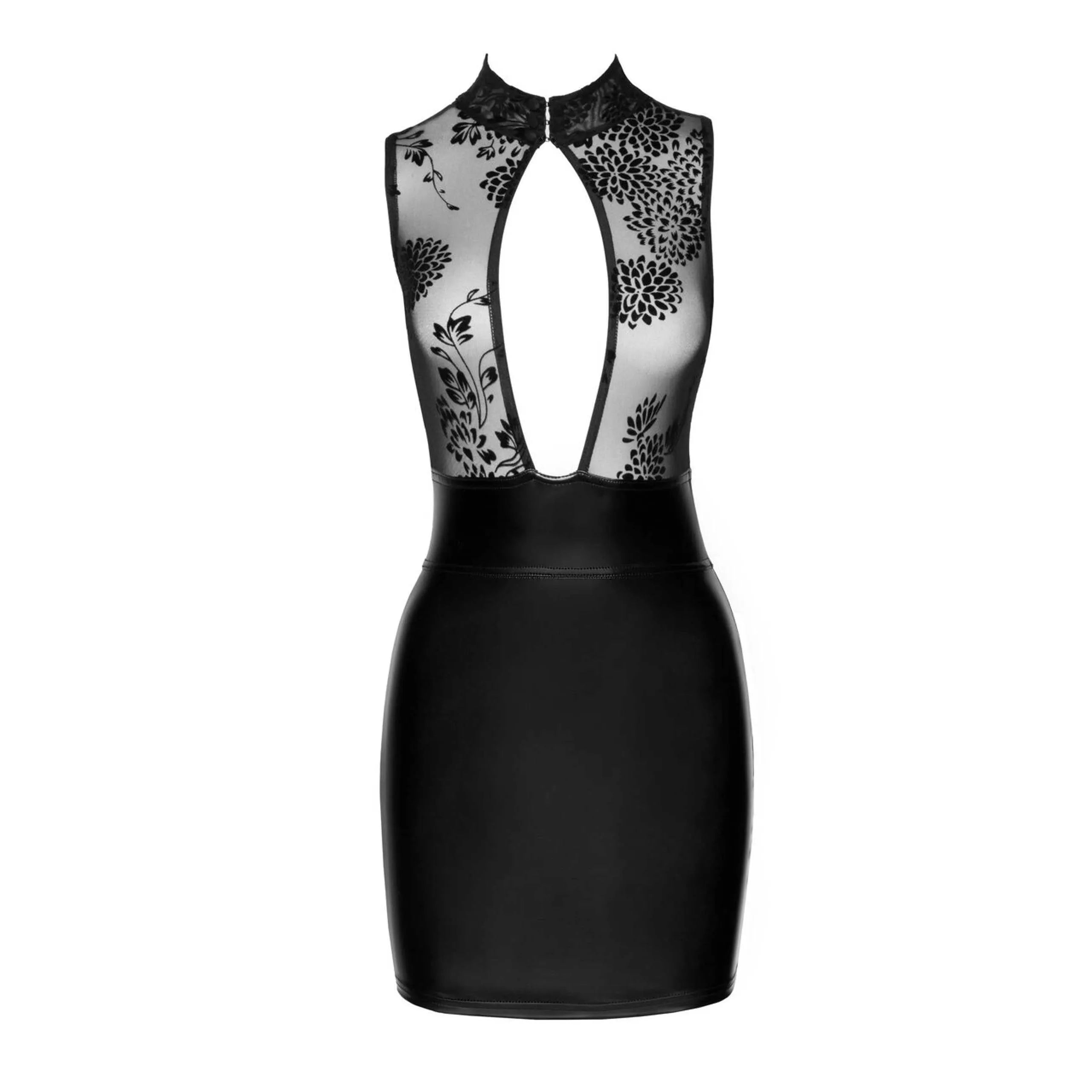 Robe courte élégante en powerwetlook col plongeant tulle motif