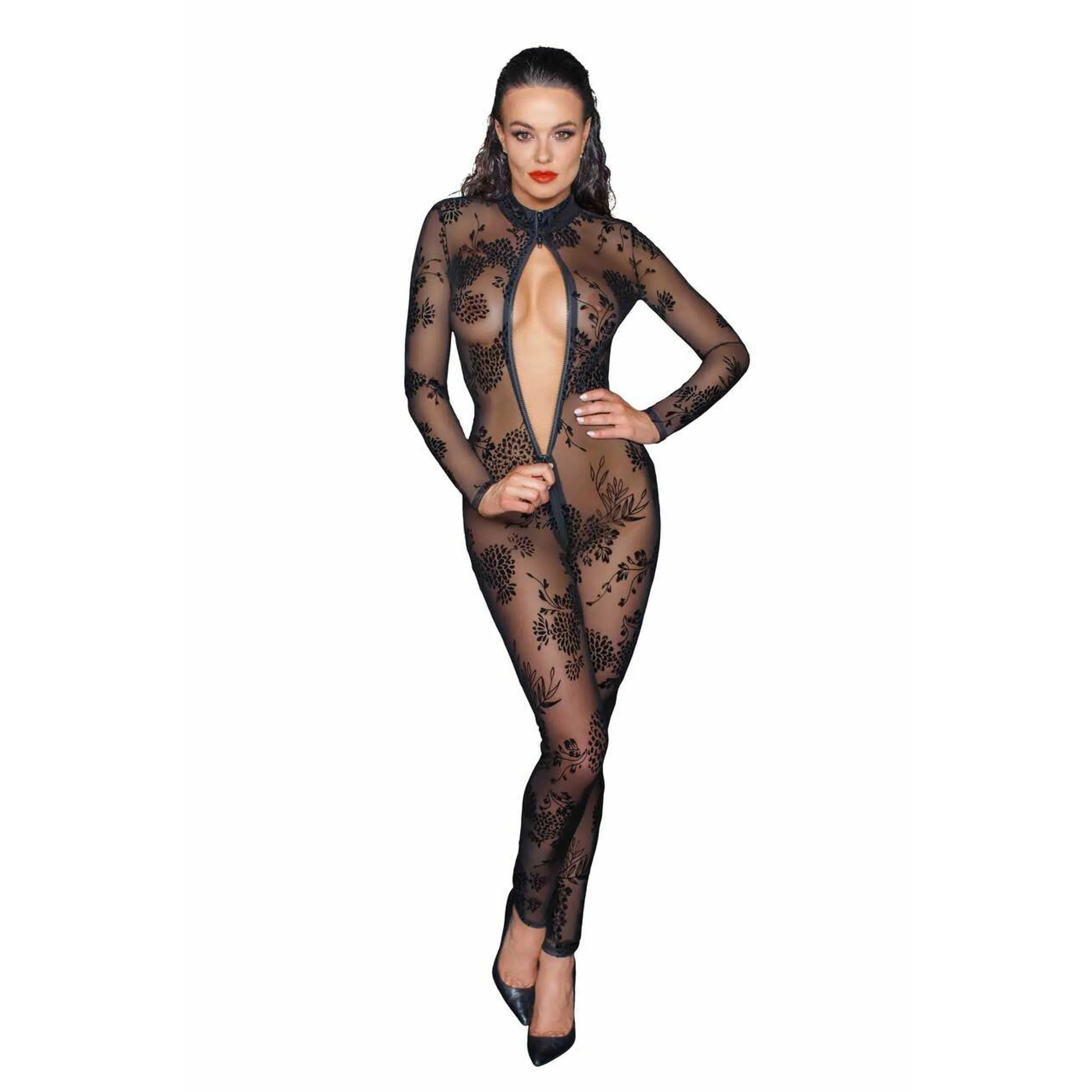combinaison sexy tulle transparent broderies floquées fermeture éclair trois voies maille élastique ajustement silhouette élégance sensualité noire soirée