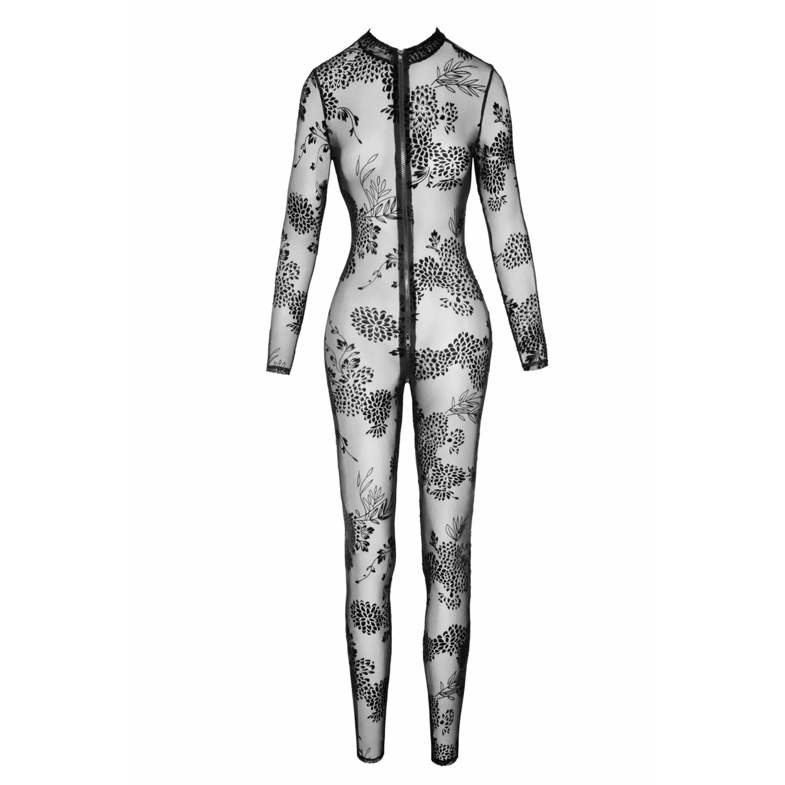 Combinaison noire en tulle transparent, broderies floquées, fermeture éclair trois voies, ajustement silhouette élégante.