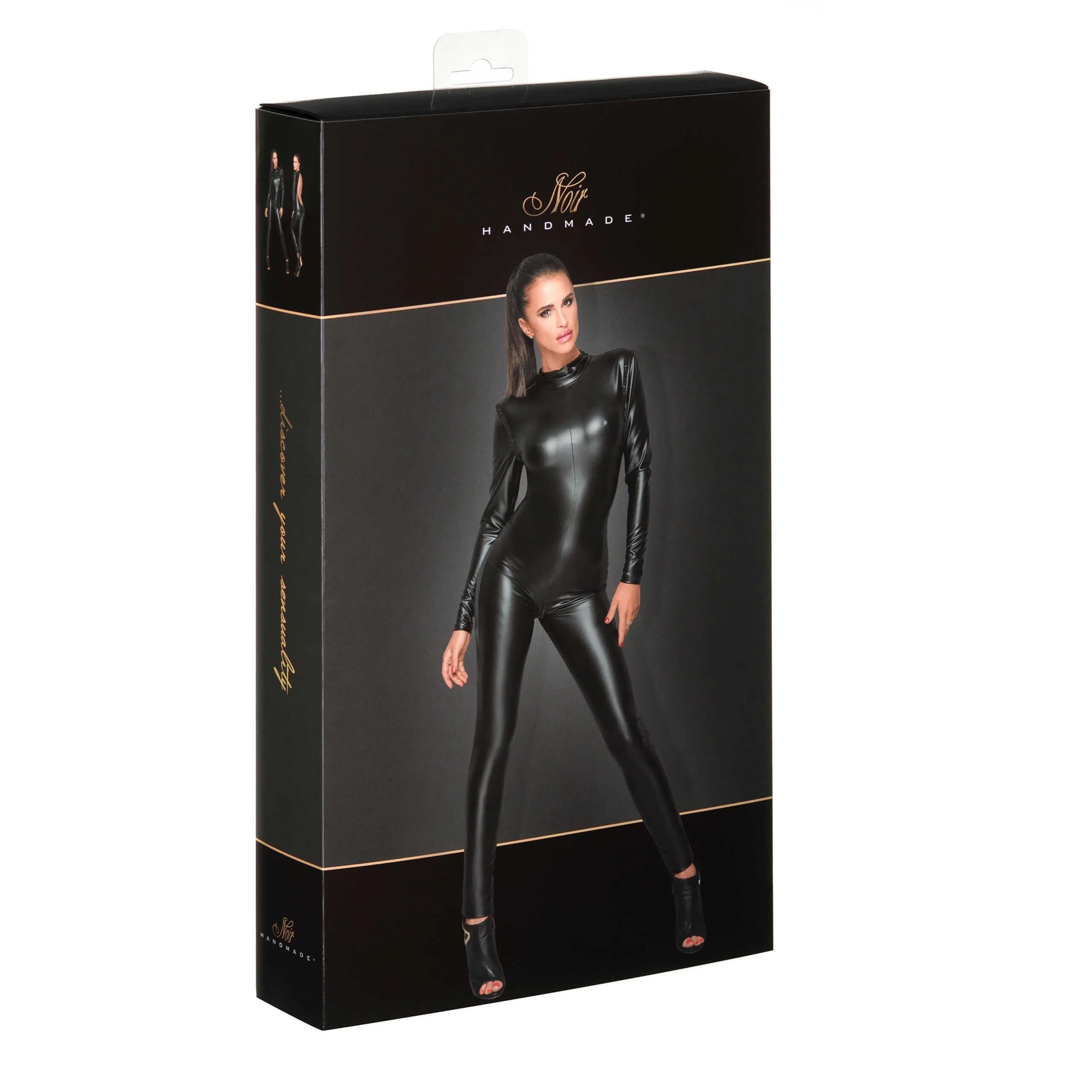 Combinaison noire élastique avec cristaux scintillants, décolleté plongeant, fermeture éclair, épaulettes, ajustement glam...