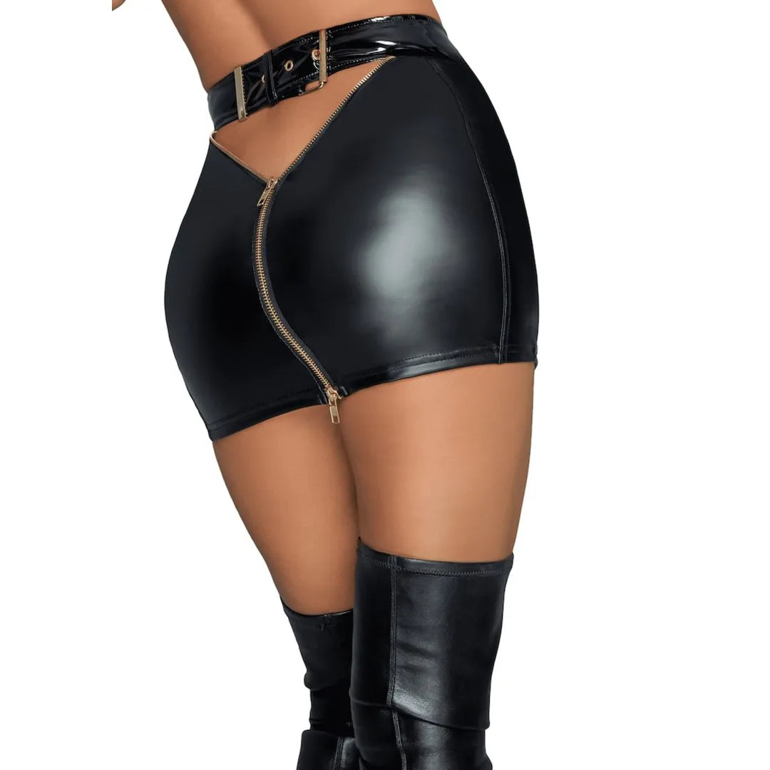 jupe fantaisie PVC élastique érotique fermetures éclair dorées ceinture réglable moulante glamour sophistiquée sensuelle noire