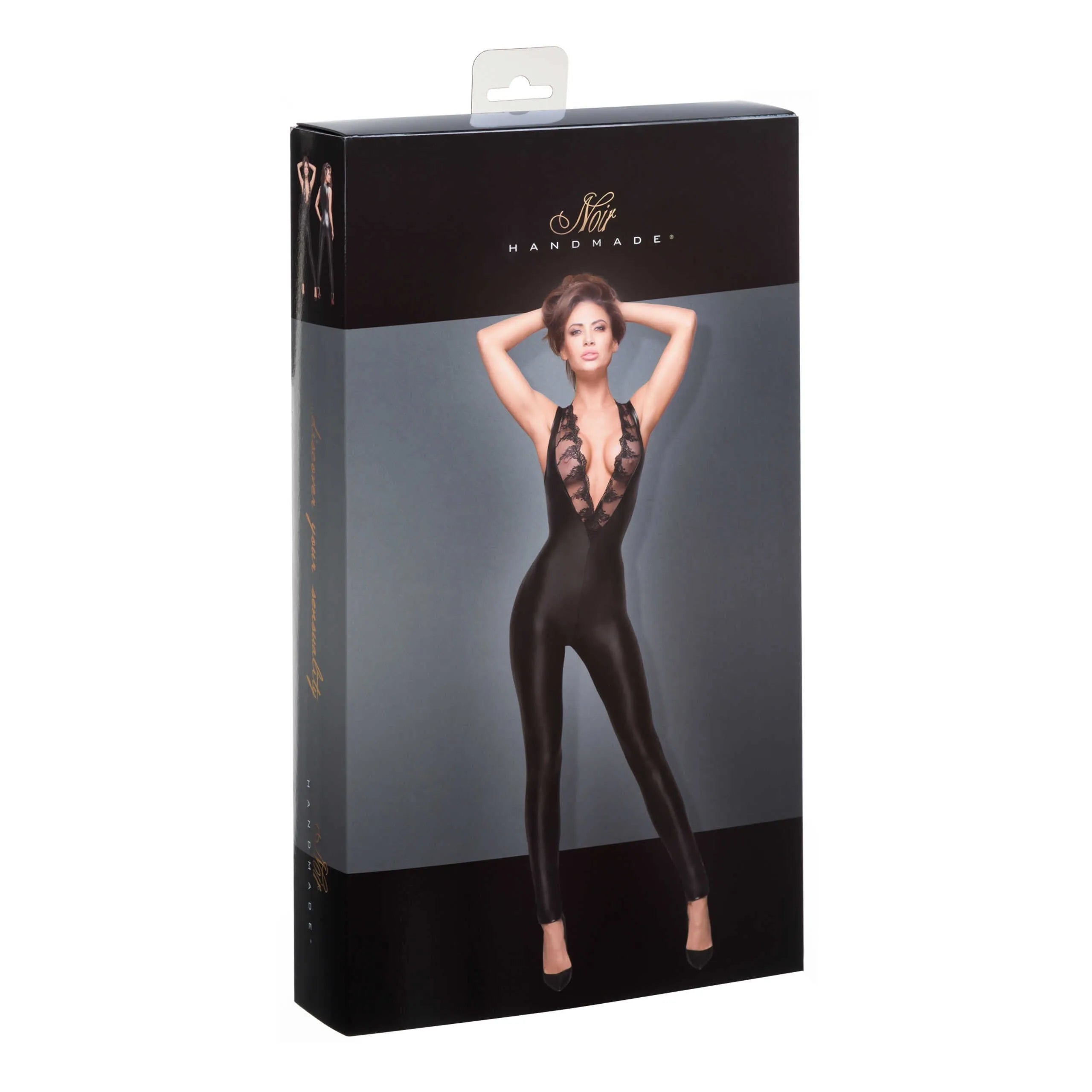 Combinaison noire sans manches effet mouillé, dentelle élastique, décolleté profond, fermetures éclair, silhouette sculpta...