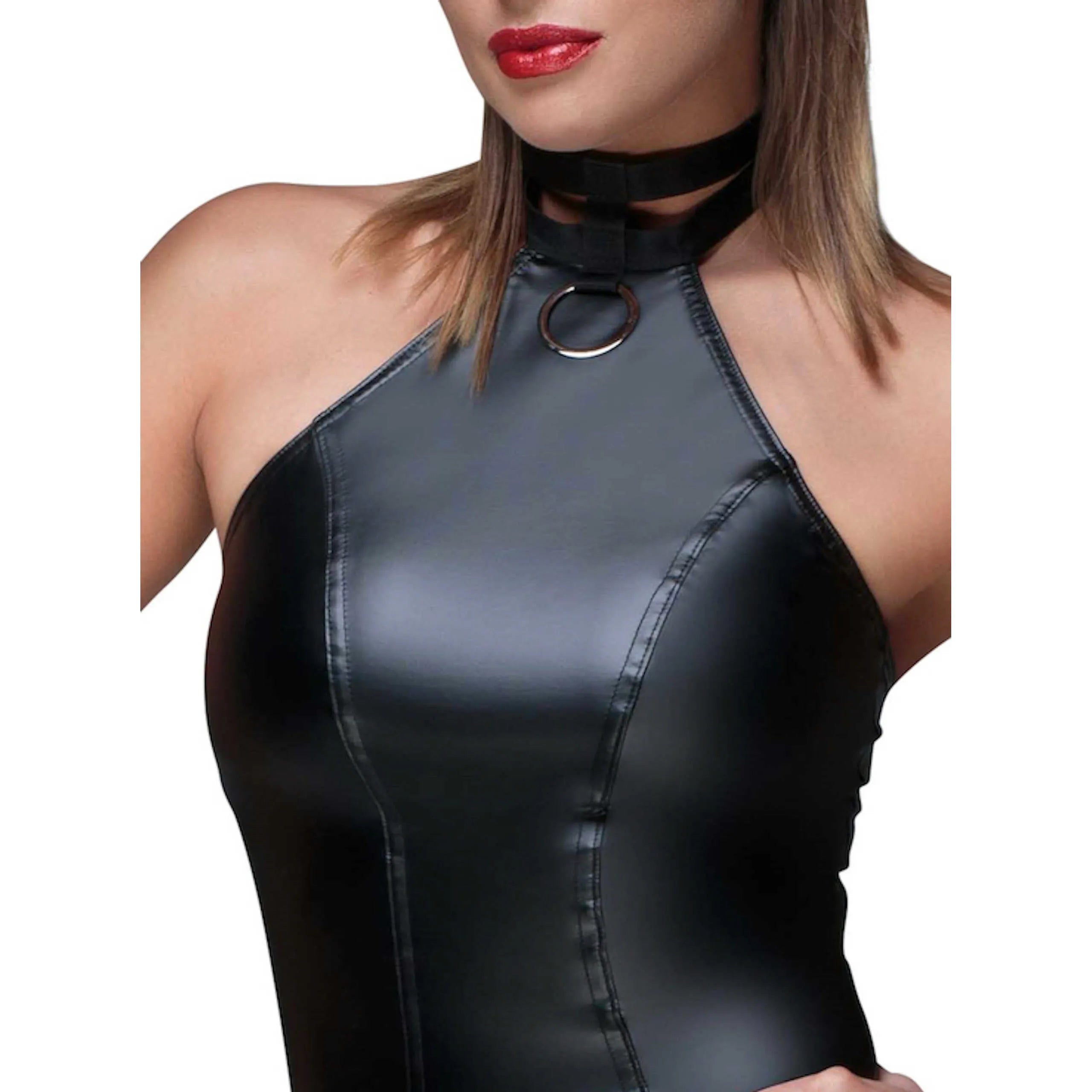 Robe crayon Powerwetlook dos nu élastique cercle provocateur col sophistiqué