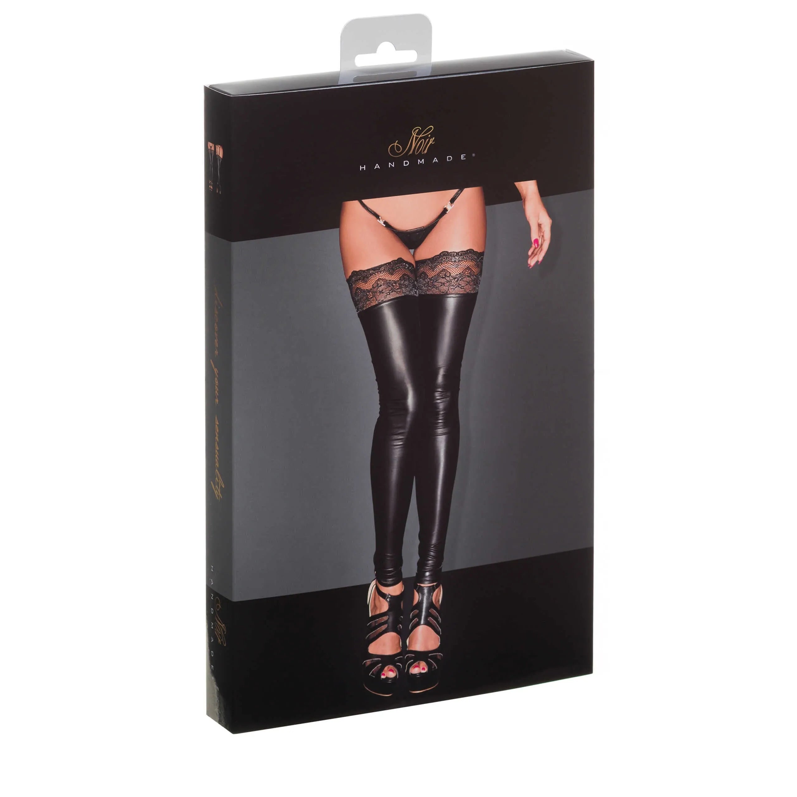 Bas noirs Powerwetlook dentelle élastique, finition siliconée, effet lustré, élégants et sensuels, boîte de présentation.
