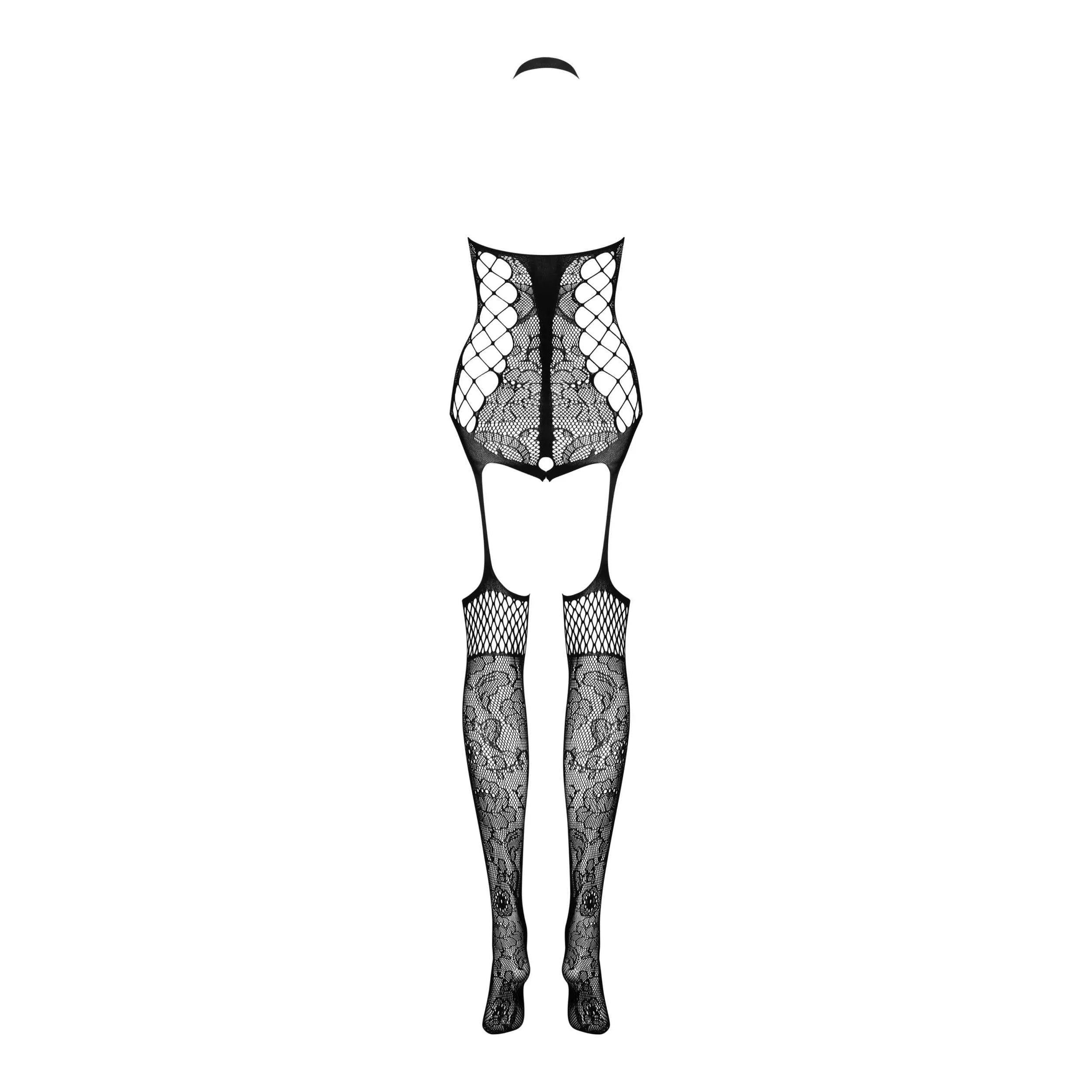 Bodystocking noir motifs floraux, maille découpée dos, tissu souple, élégant et séduisant, silhouette ajustée.