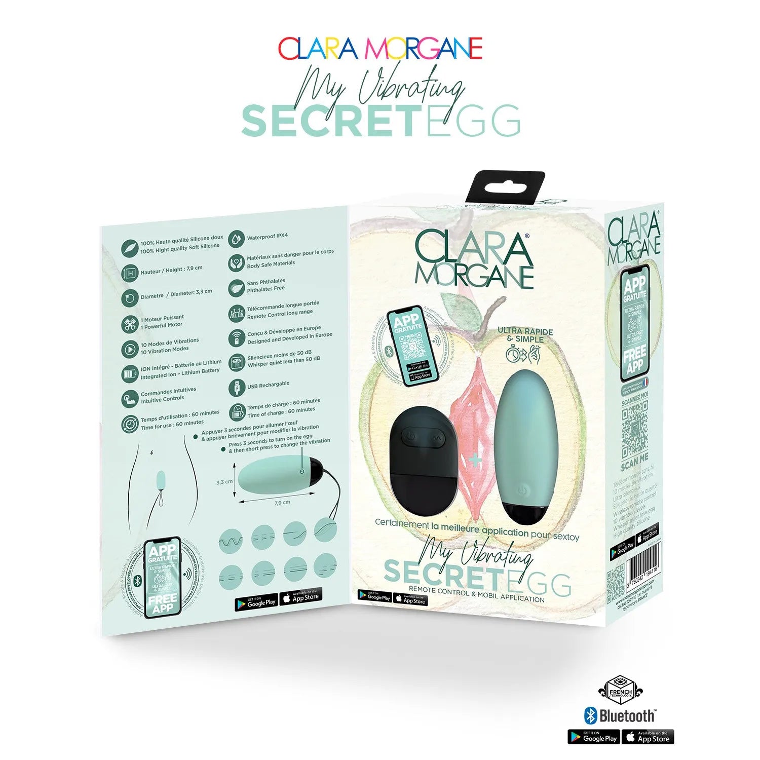 Oeuf vibrant connecté Bluetooth My Vibrating Secret Egg silicone médical hypoallergénique rechargeable_USB télécommande bleu clair femme couple plaisir intime