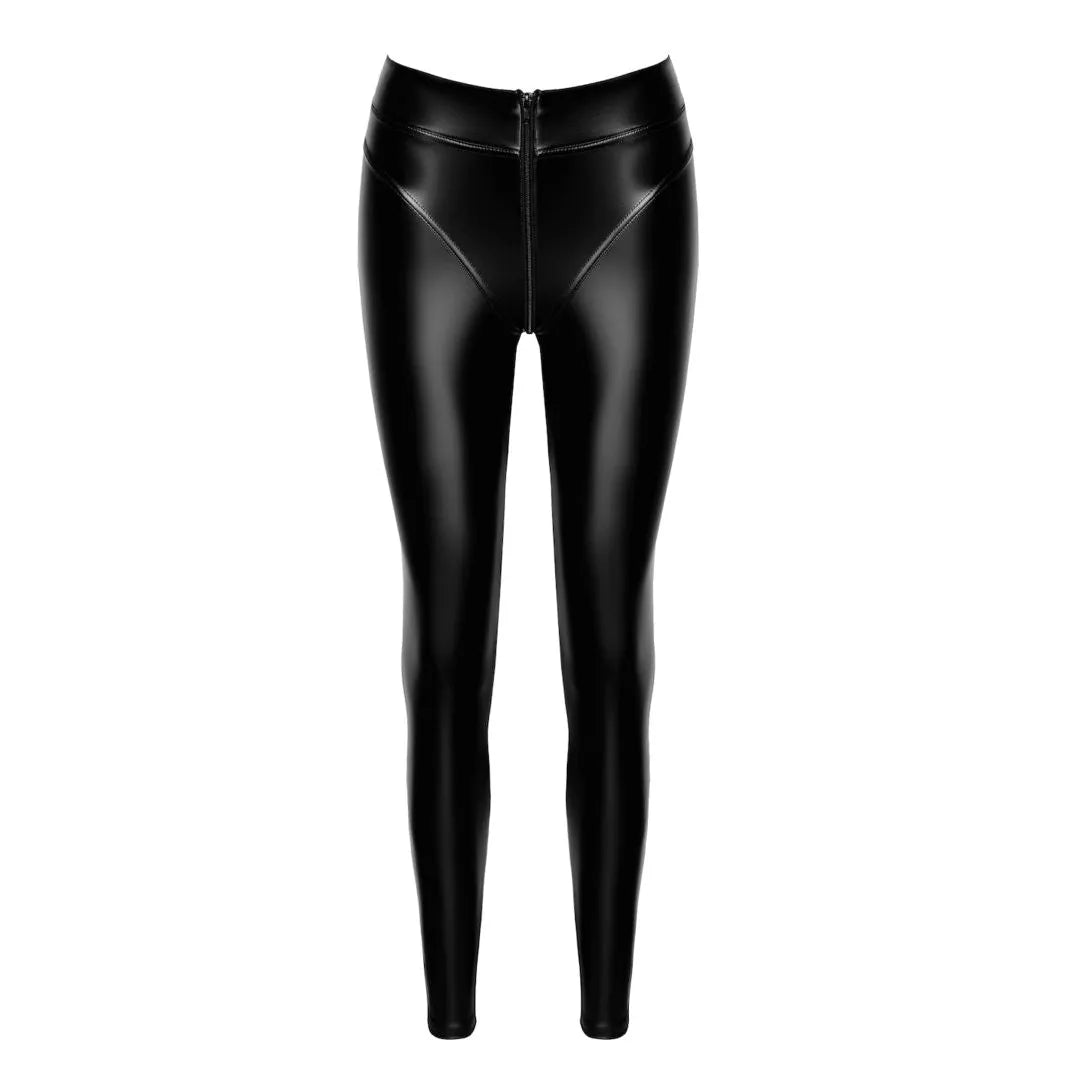 legging effet vernis extensible brillant fermeture éclair intégrale taille haute coupe flatteuse coutures décoratives maintien confortable matière polyester élasthanne