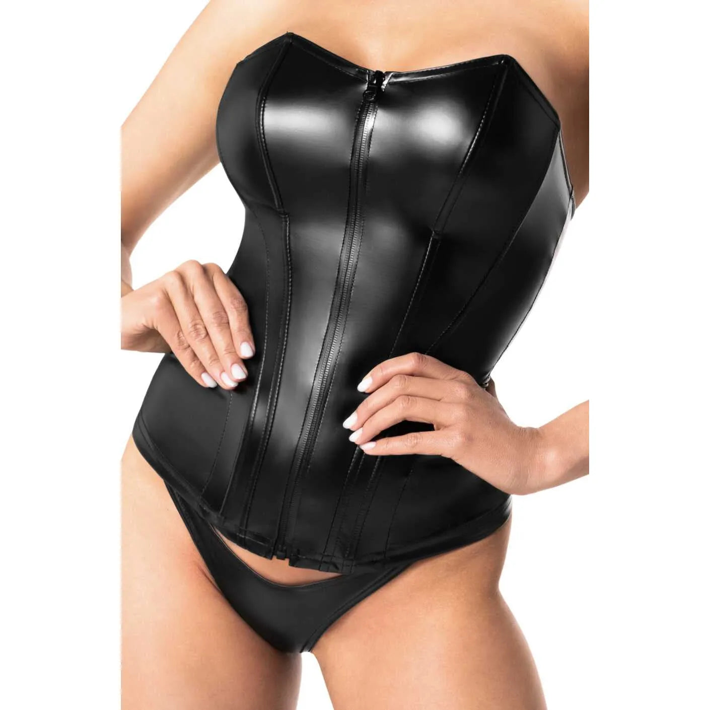Corset noir brillant simili cuir, fermeture éclair frontale, couture décorative, design moderne et élégant.